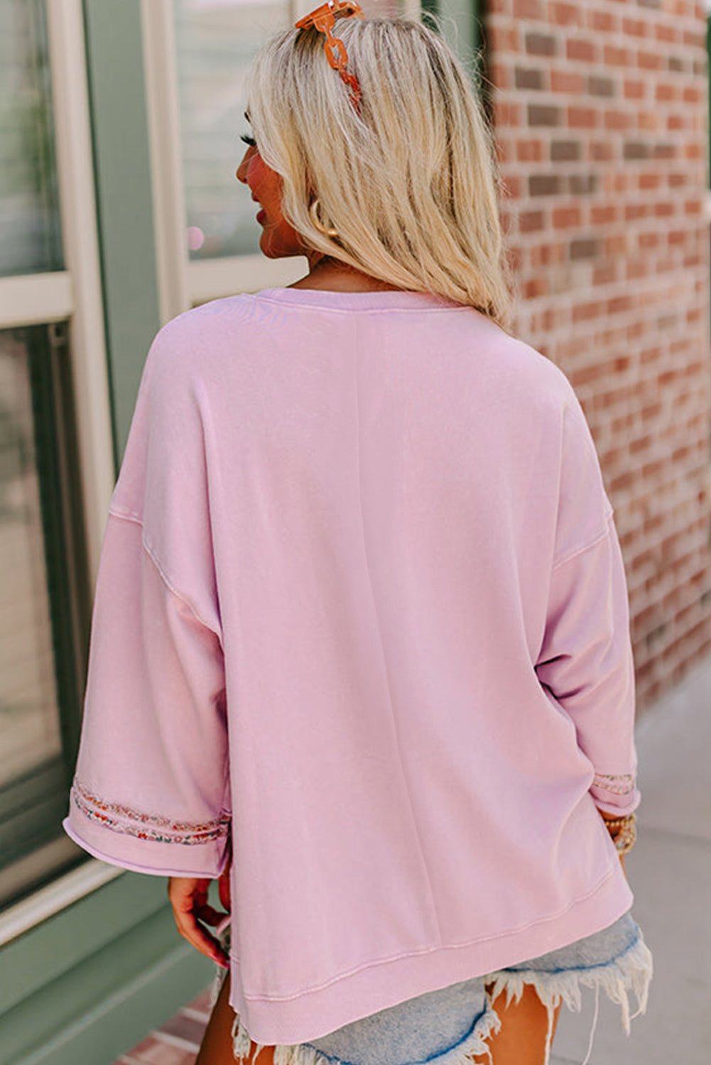Light Pink Floral Peace Sign Wide Sleeve Casual Top