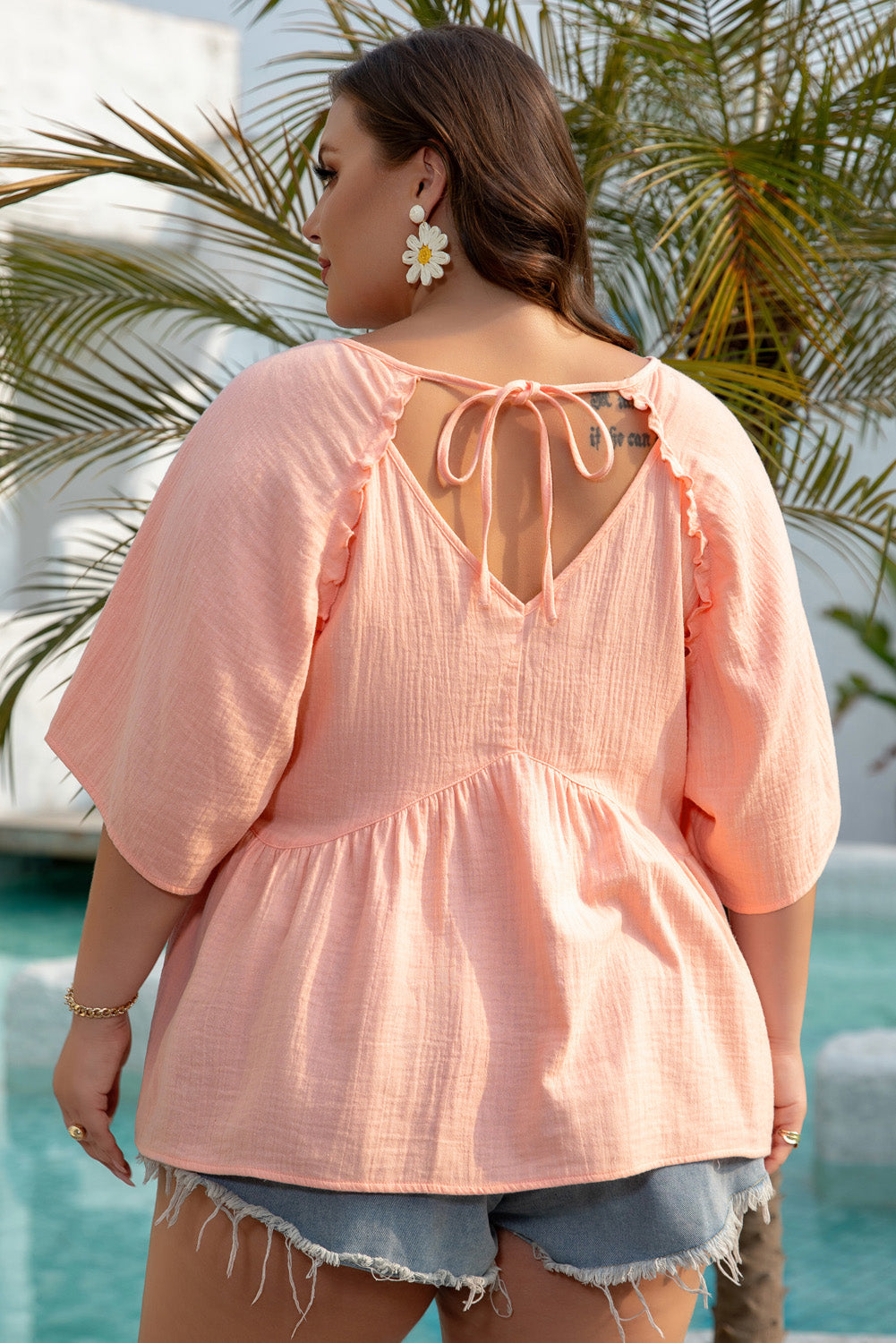 Peach Plus Size Textured Short Sleeve Babydoll Blouse