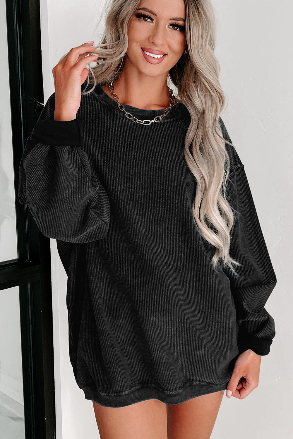 Black Solid Ribbed Knit Pullover Sweatshirt