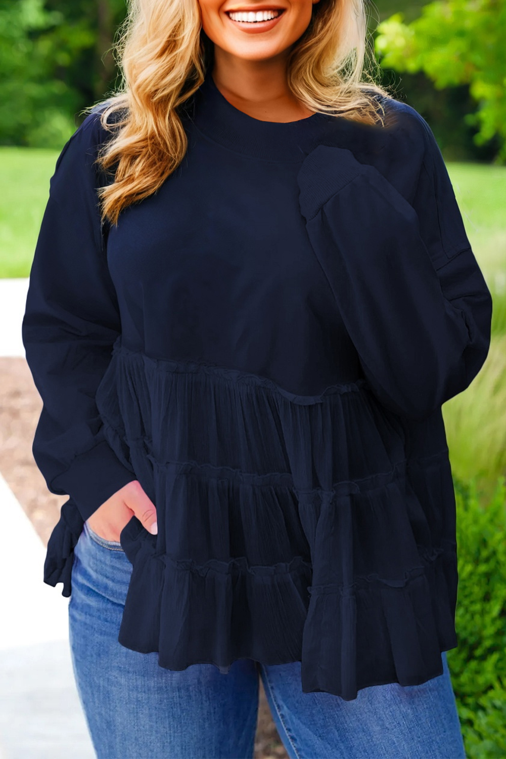 Navy Blue Tiered Ruffle Crew Neck Pullover Plus Size Top
