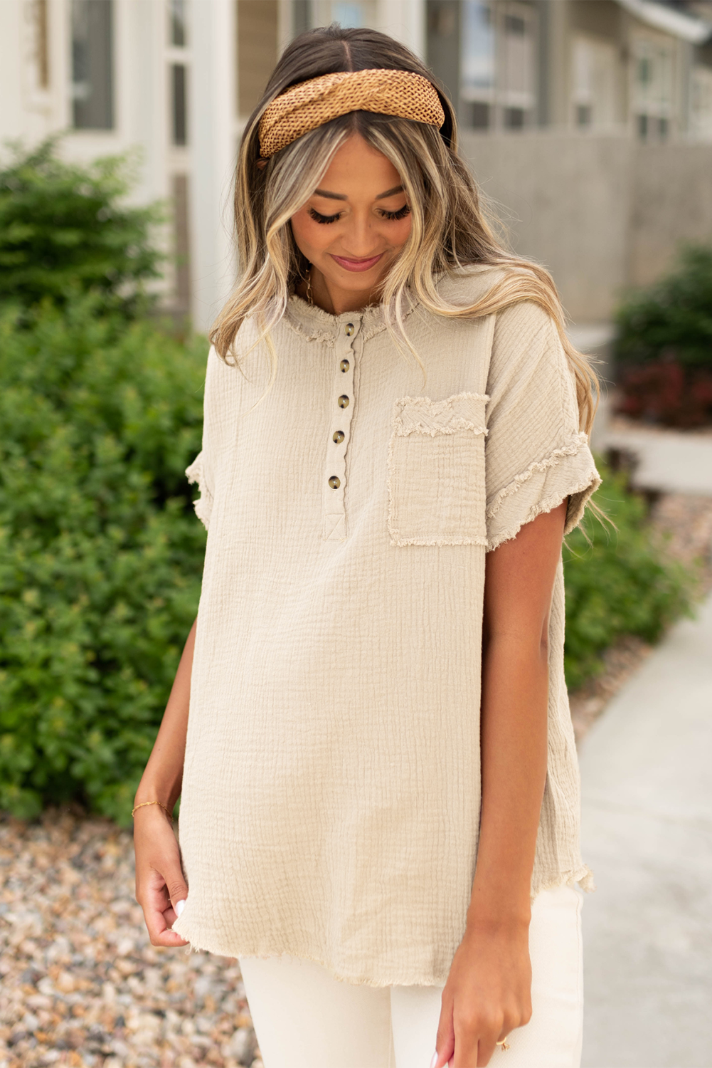 Parchment Crinkle Textured Half Button Short Sleeve Top