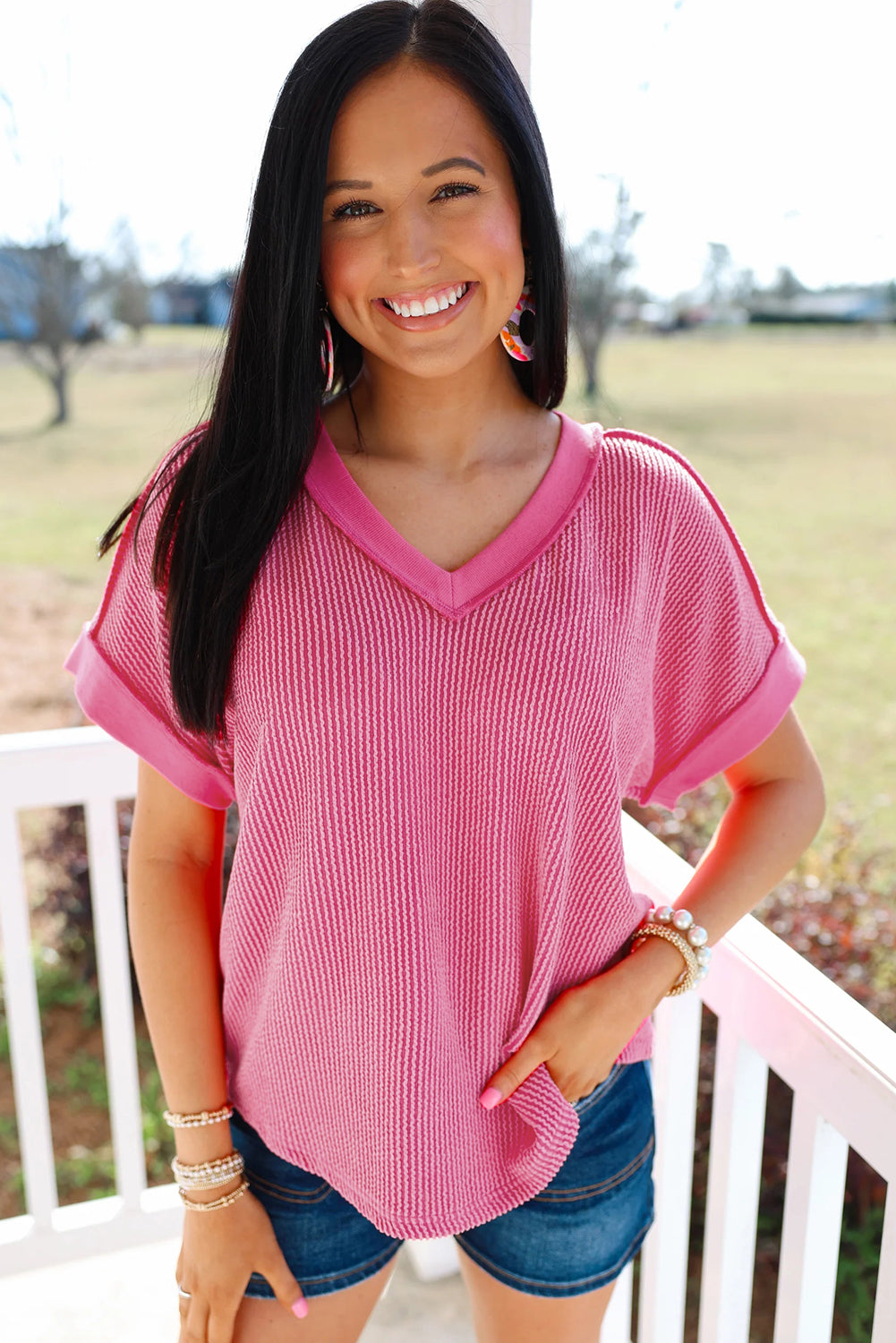 Rose Red Ribbed Knit V Neck Casual Tee