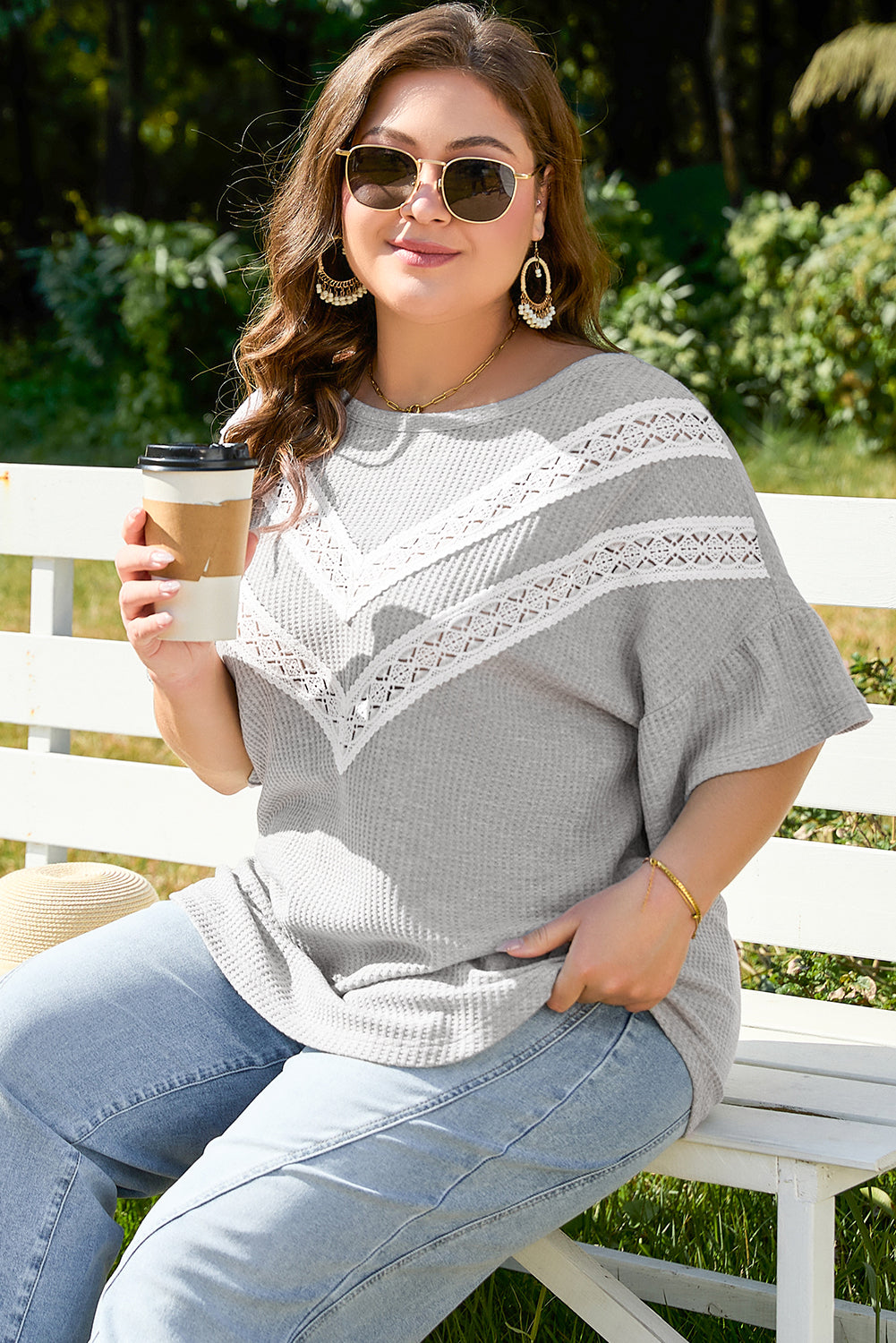Light Grey Lace Waffle Ruffle Short Sleeve Plus Size Top