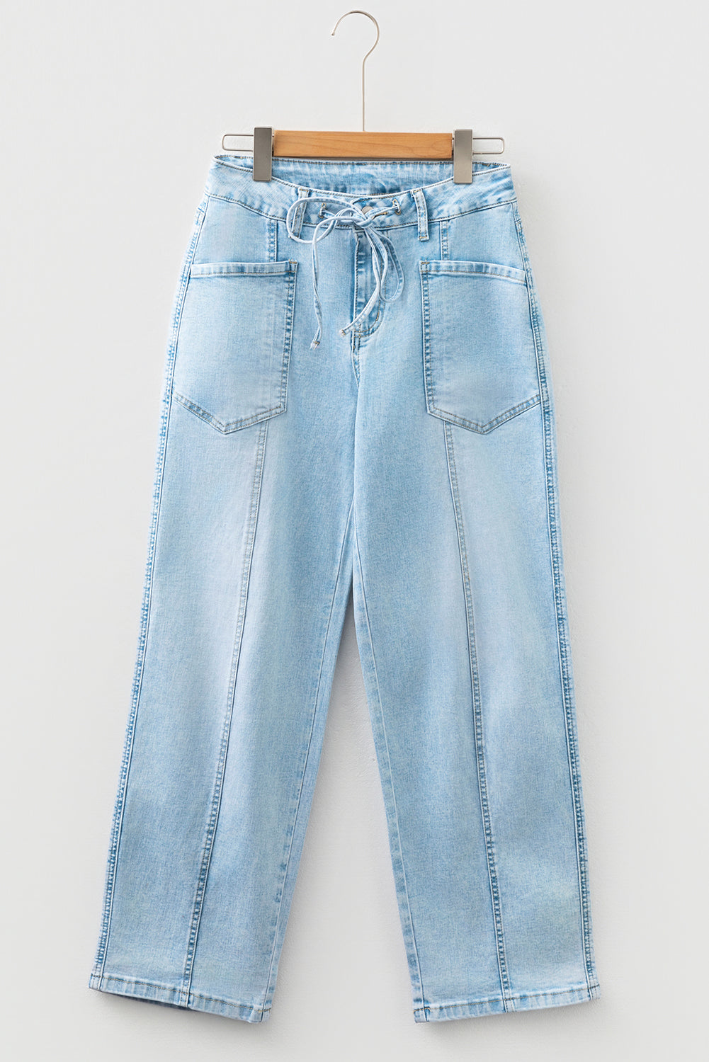 Exposed Stitch Tie Barrel Jeans