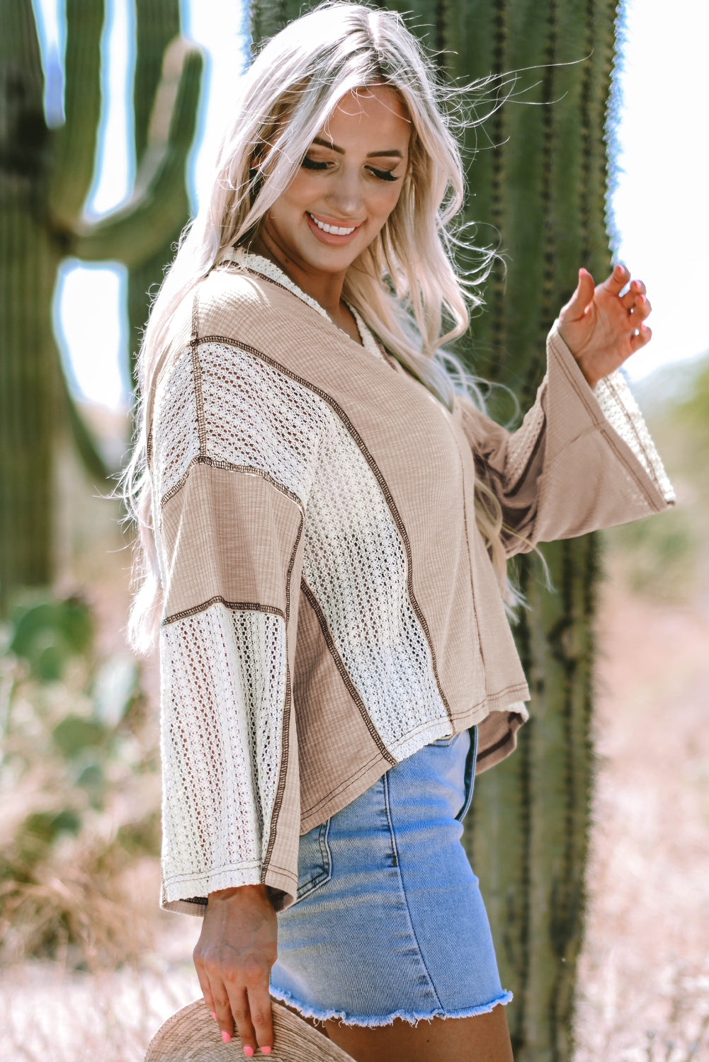 Parchment Crochet Exposed Seam Long Sleeve Top