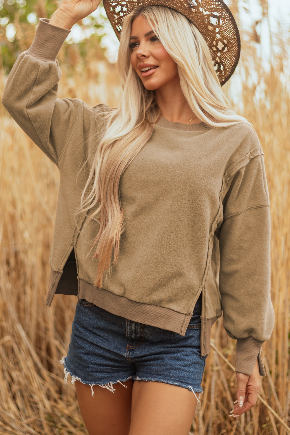 Dark Khaki Pullover Sweatshirt with Side Slit