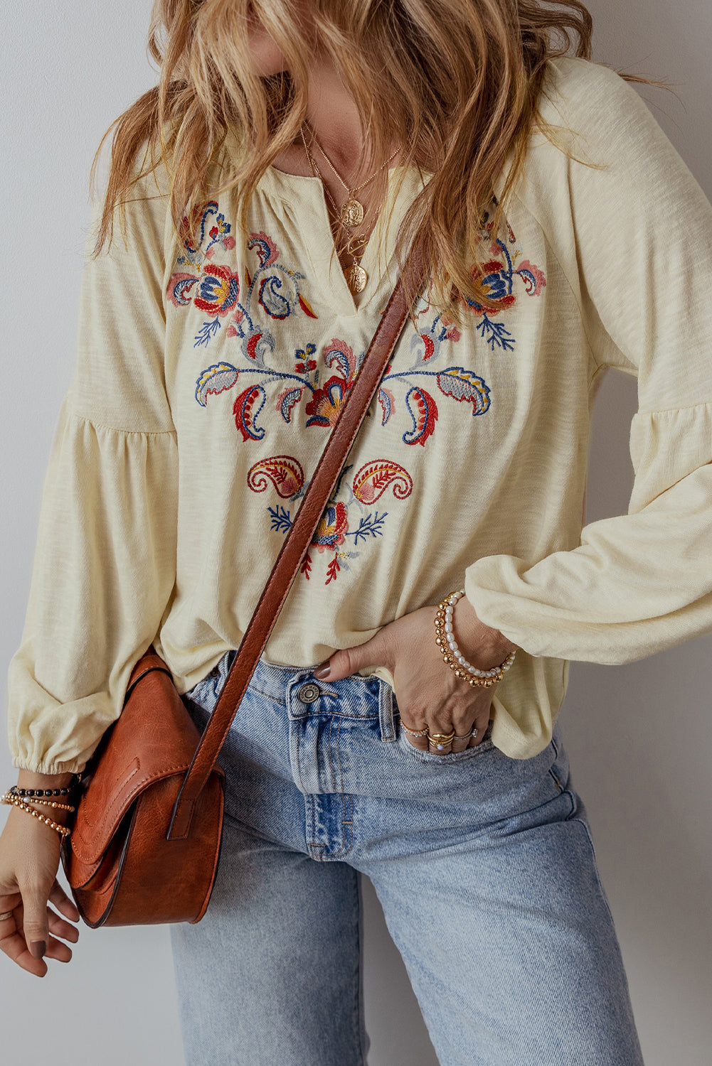 Apricot Paisley Floral Embroidered V Neck Blouse