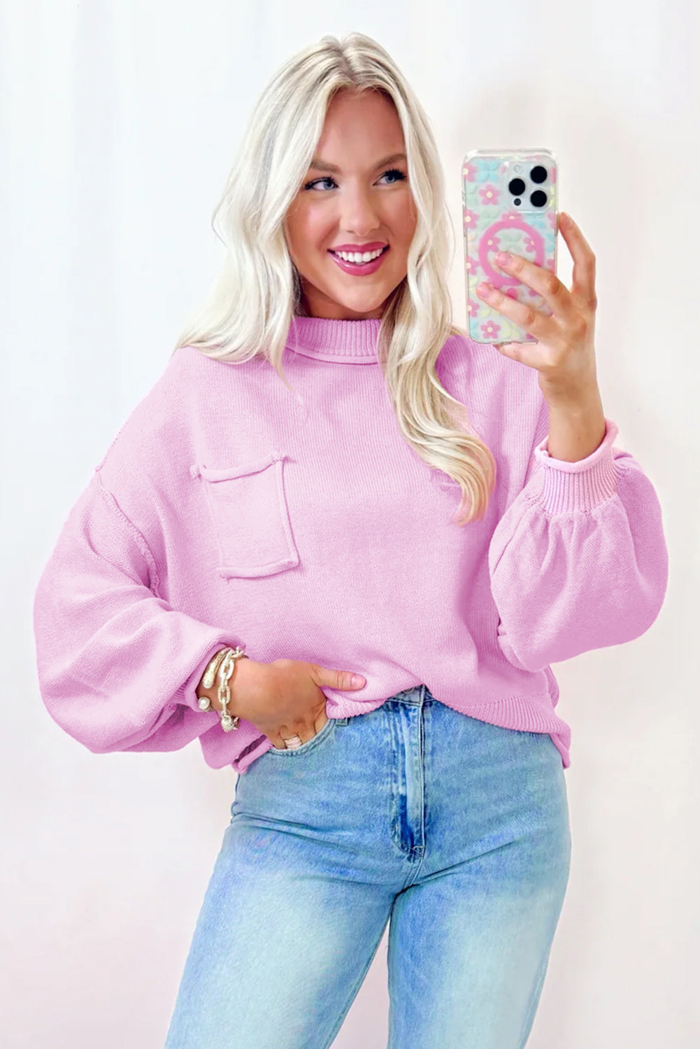 Pink Raw Edge Ribbed Drop Shoulder Sweater
