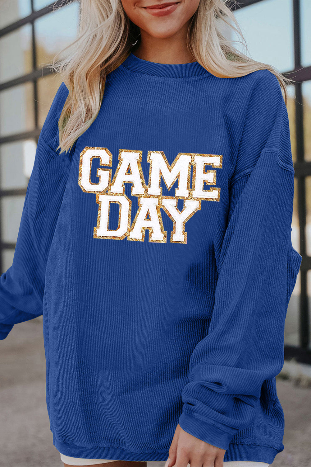 Dark Blue ‘GAME DAY’ Glitter Detail Ribbed Sweatshirt