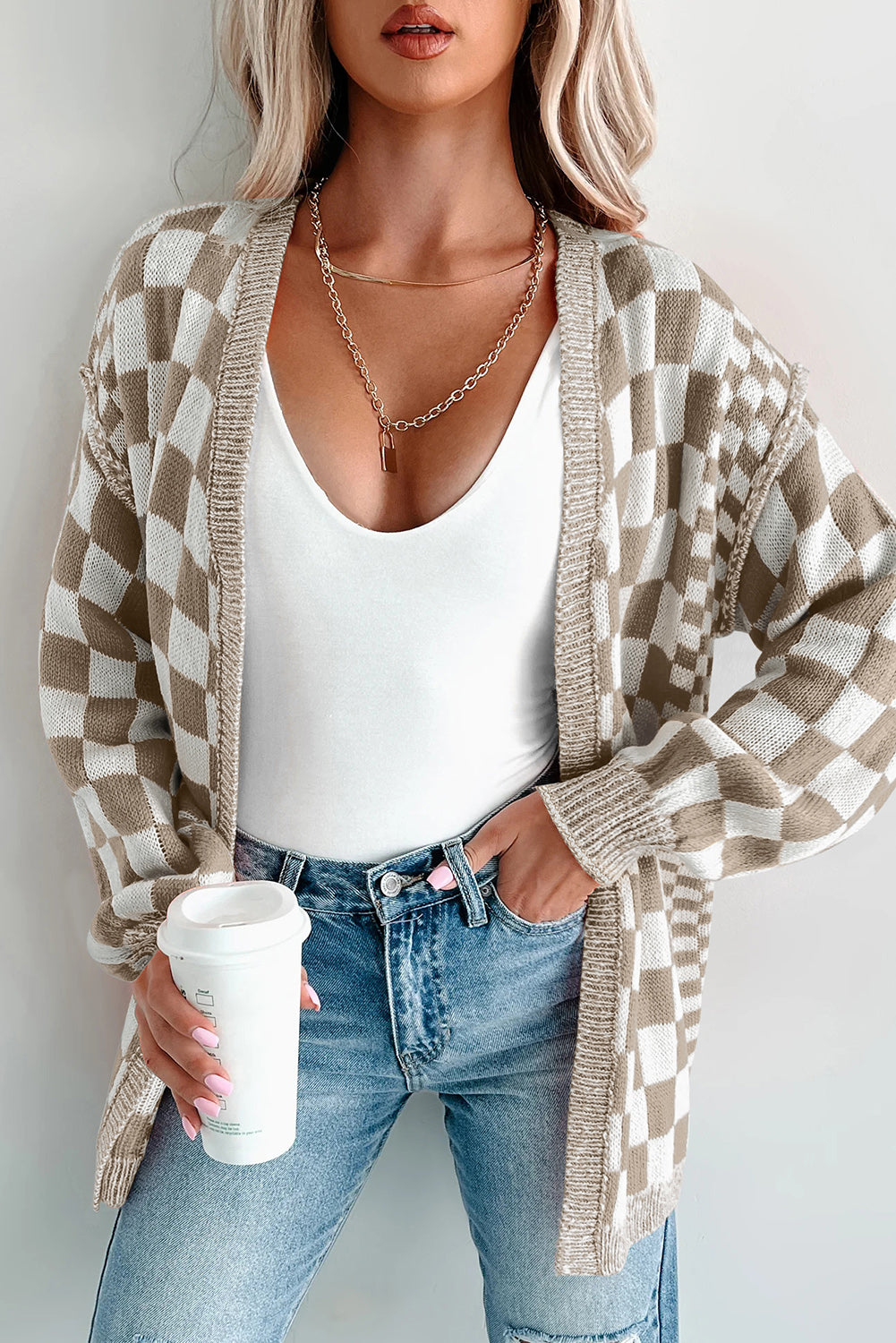 Brown Checkered Open Front Cardigan