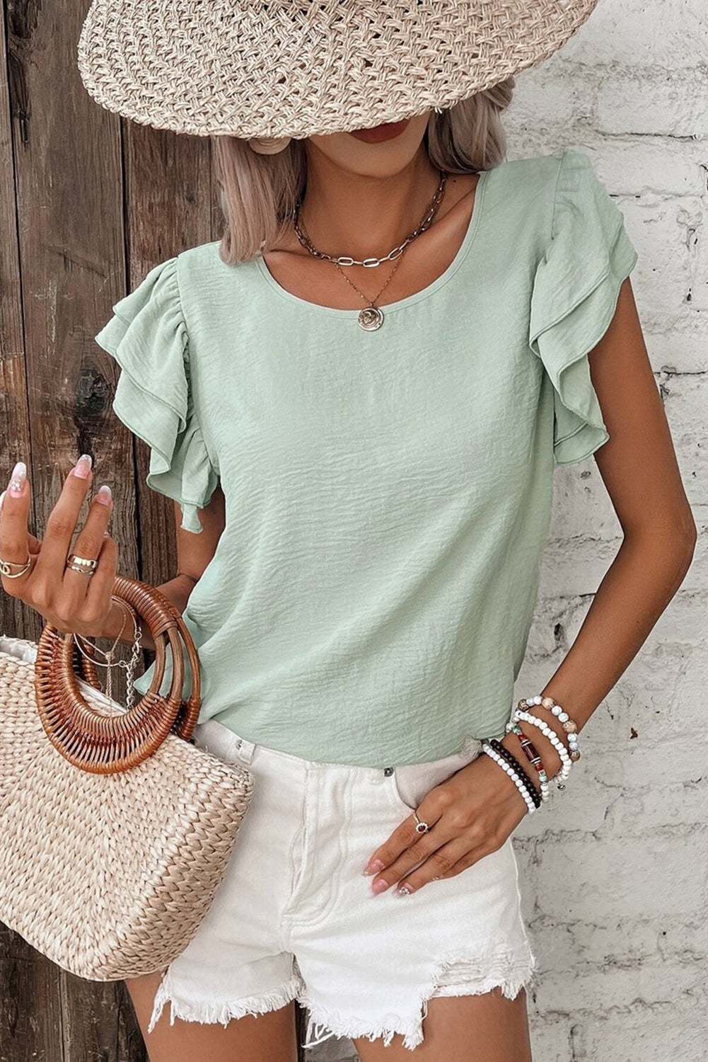 Seafoam Ruffled Short Sleeve Casual Blouse