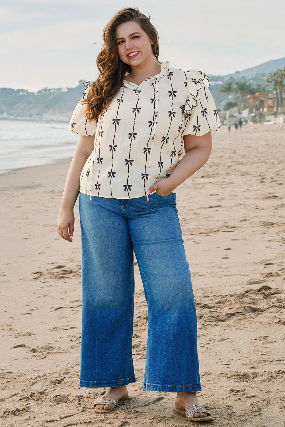 Apricot Bow Printed Bubble Sleeve Plus Size Blouse