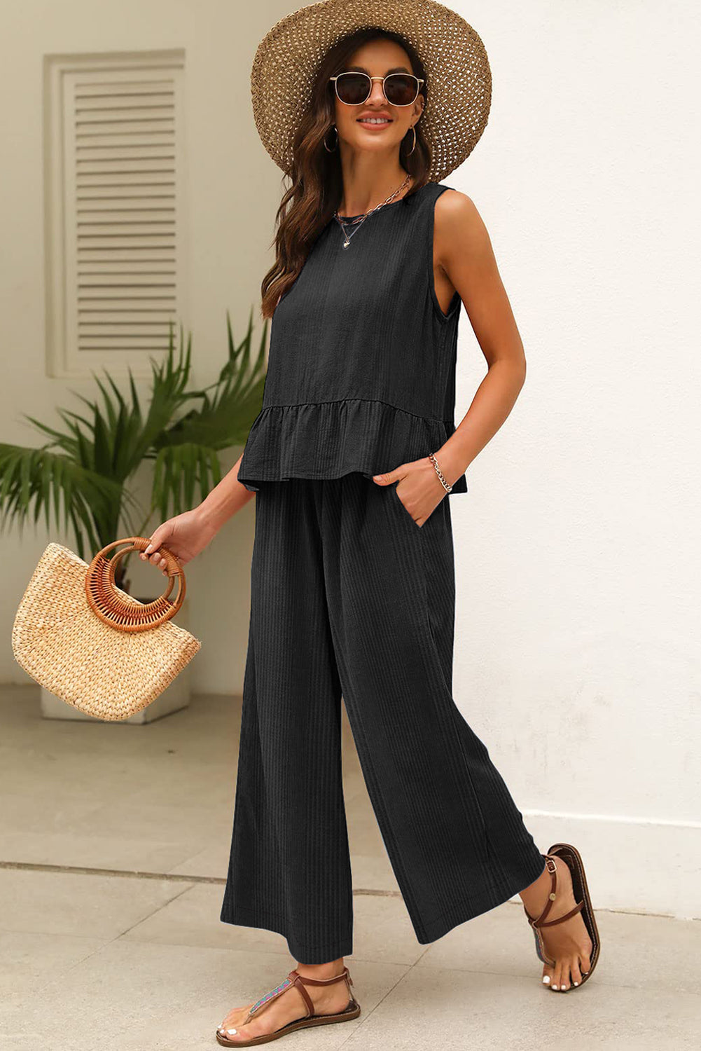 Black Ribbed Ruffle Tank Top and Pants Set