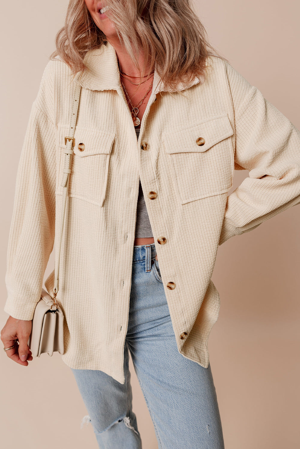 Cream Corduroy Button Up Shacket