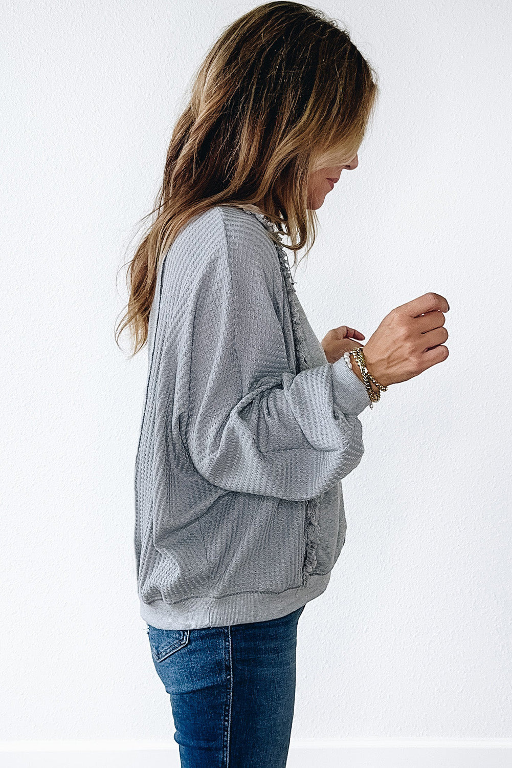 Light Grey Waffle Long Sleeve Raw Hem Top