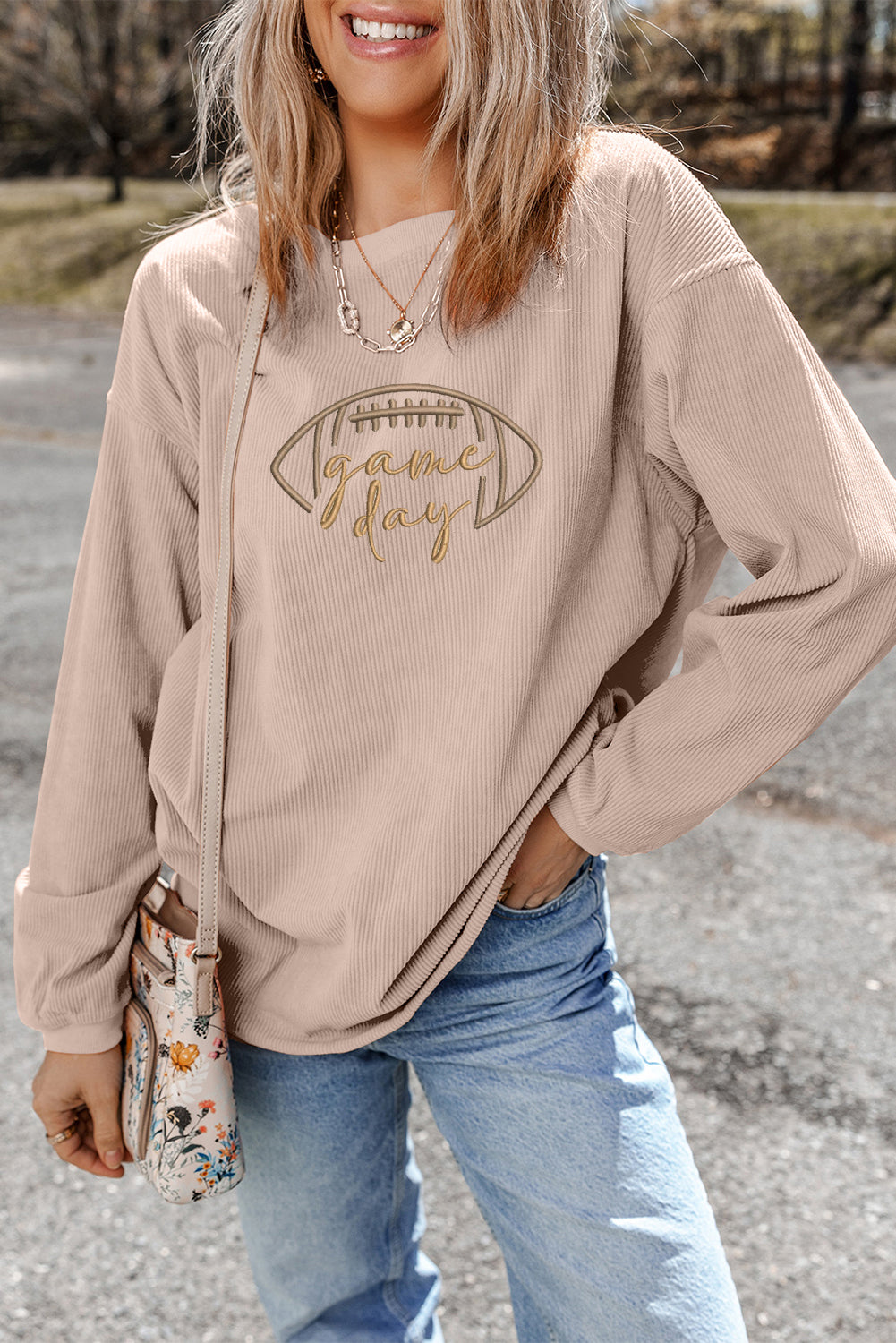Apricot ‘Game Day’ Embroidered Corduroy Sweatshirt
