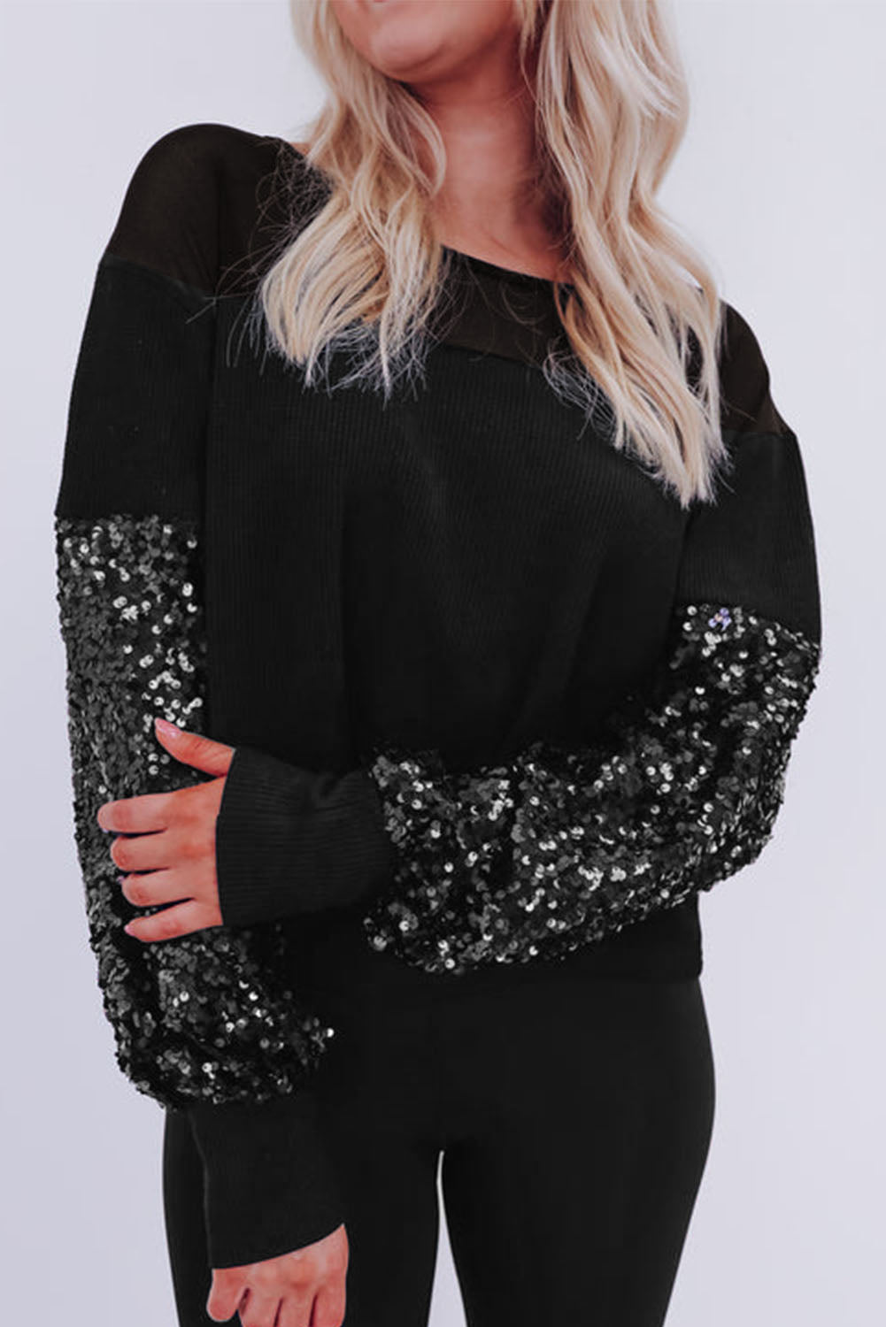 Black Sequin Sleeve Blouse