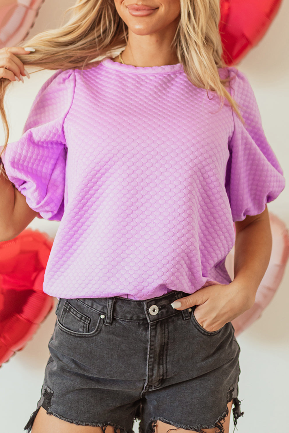 Purple Textured Puff Sleeve Blouse