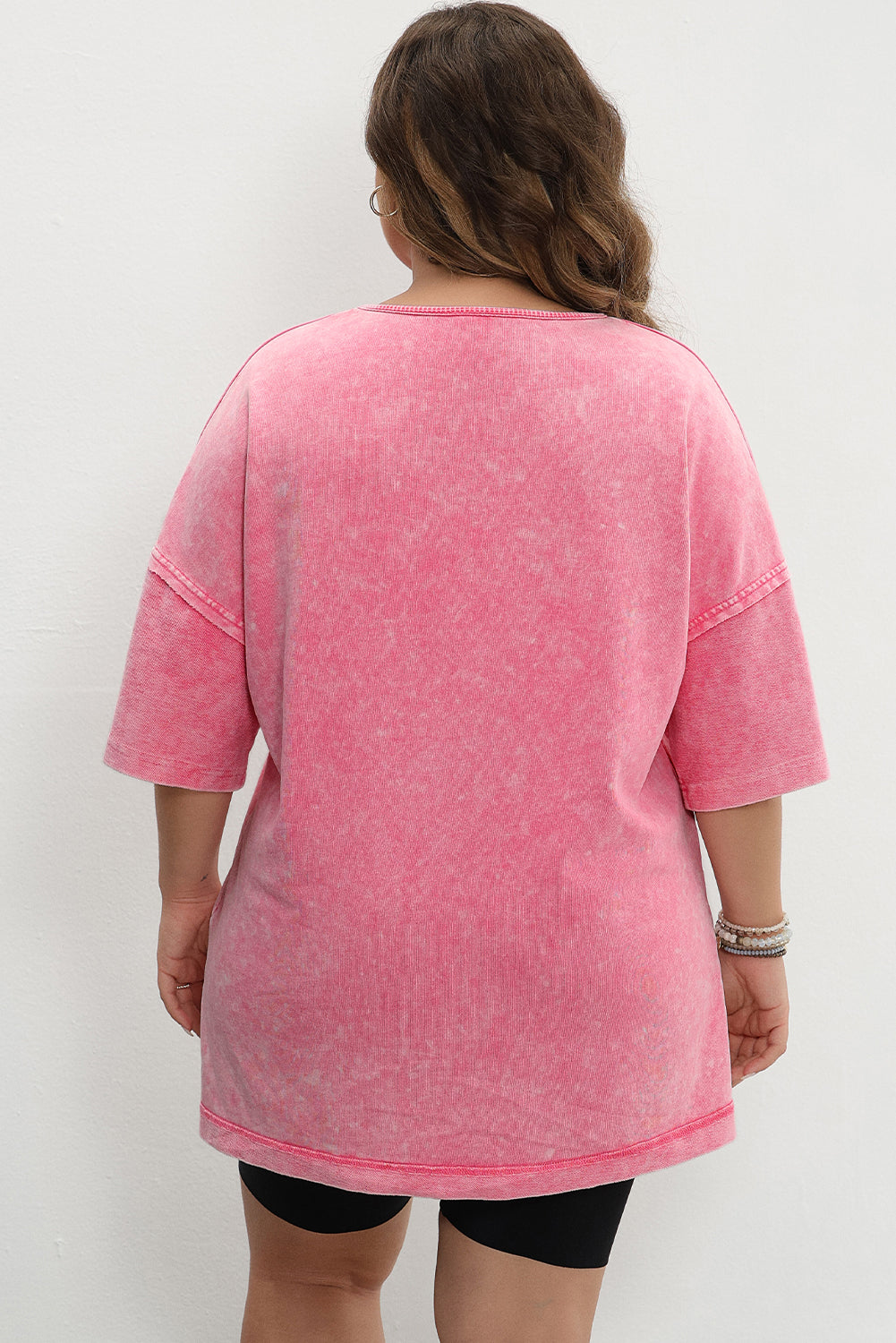 Strawberry Pink Mineral Wash Drop Sleeve Plus Size Tee