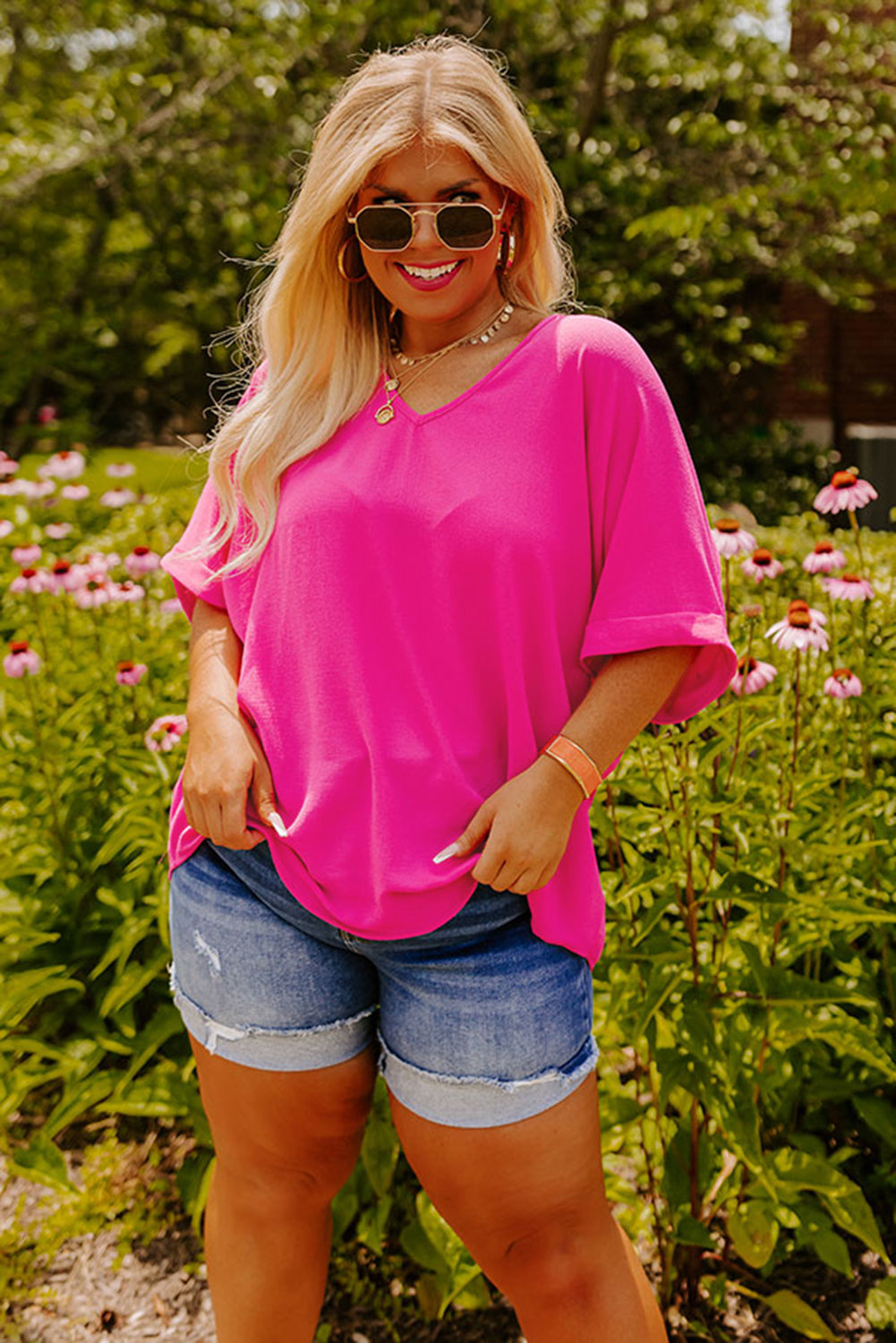 Bright Pink Seamed V Neck Cuffed Sleeve Plus Size Tee