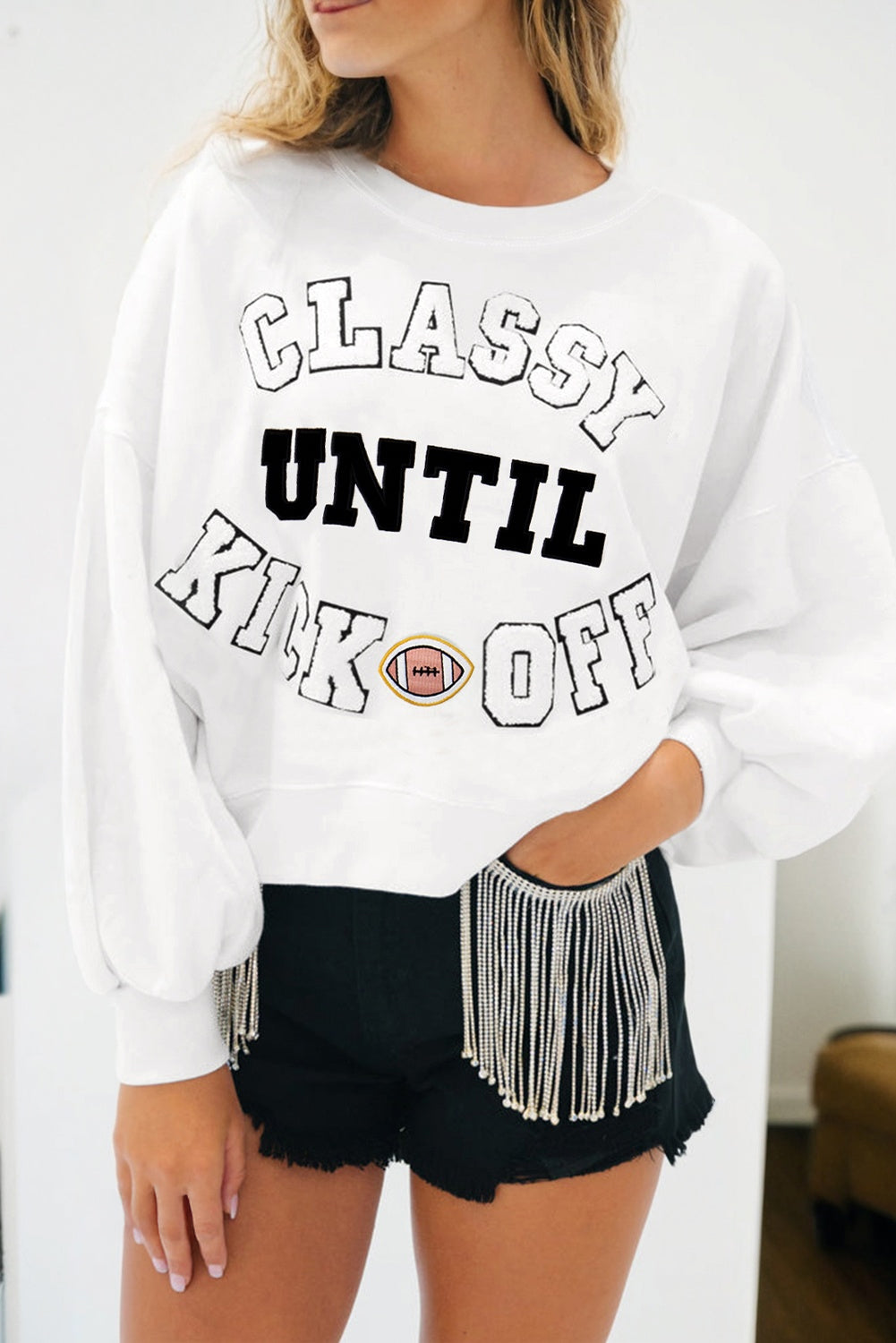 White ‘CLASSY UNTIL KICKOFF’ Patched Sweatshirt