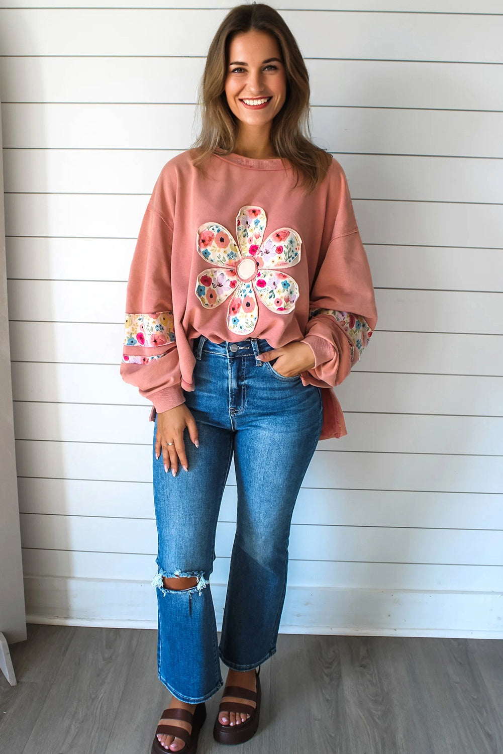 Peach Floral Baggy Pullover Sweatshirt