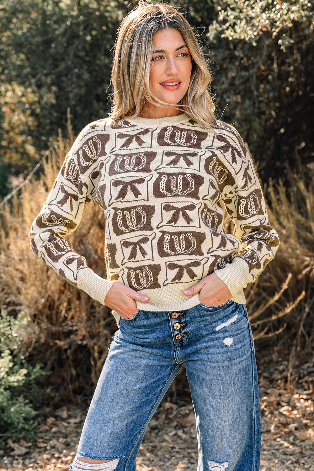 Brown Bows & Horseshoes Western Print Sweater