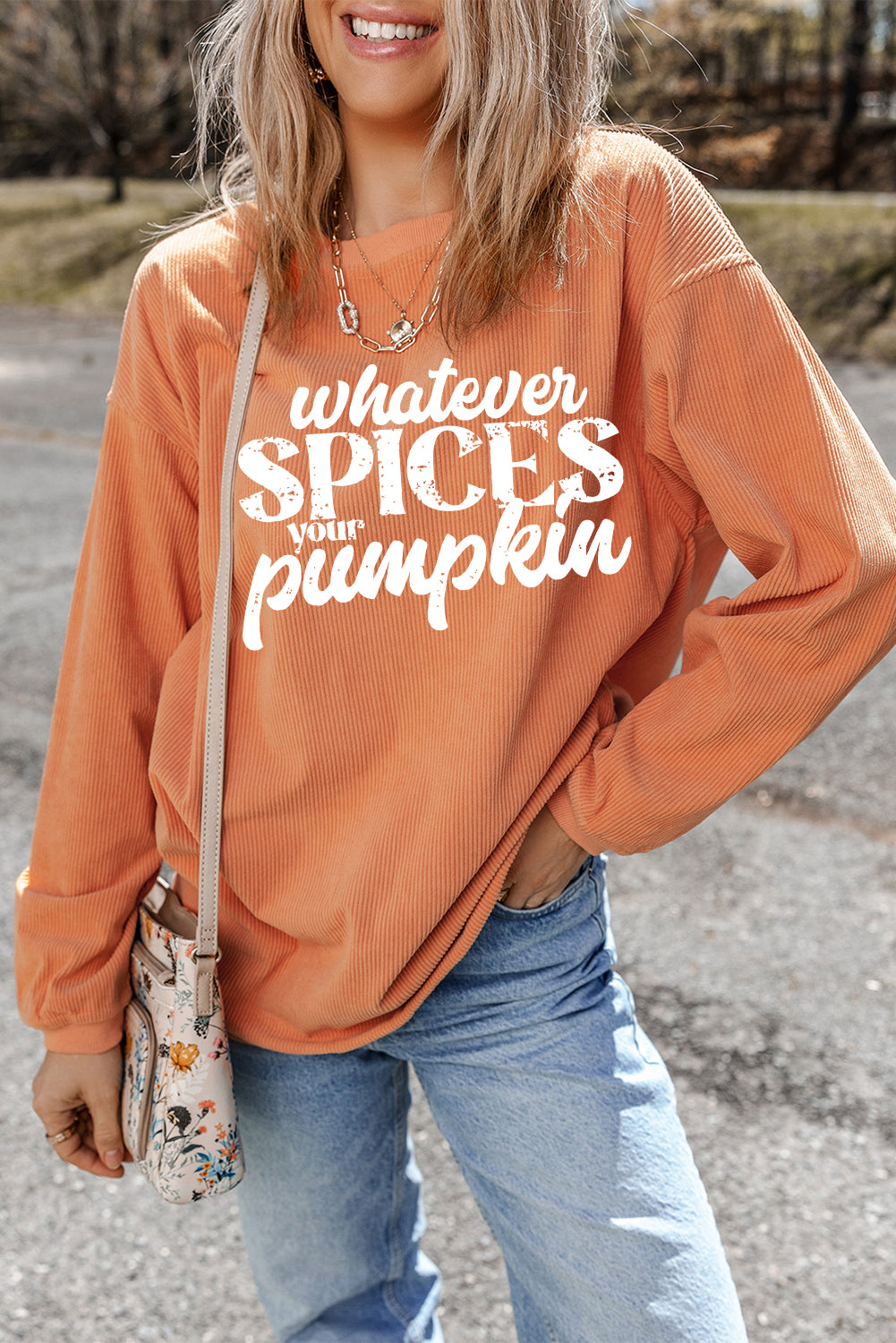 Orange ‘Whatever Spices Your Pumpkin’ Corded Pullover Sweatshirt
