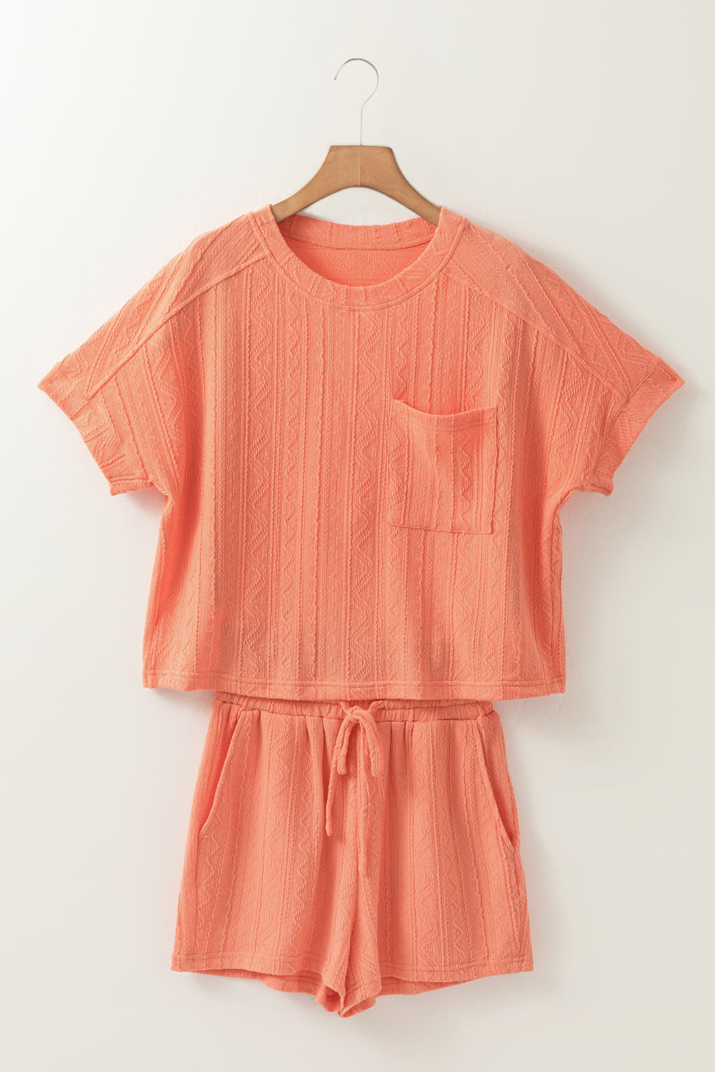 Orange Textured Short Sleeve Top and Shorts Set