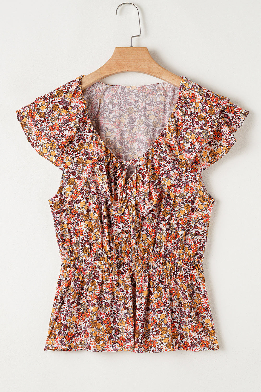 Orange Floral Print Knot Ruffled Sleeve Blouse