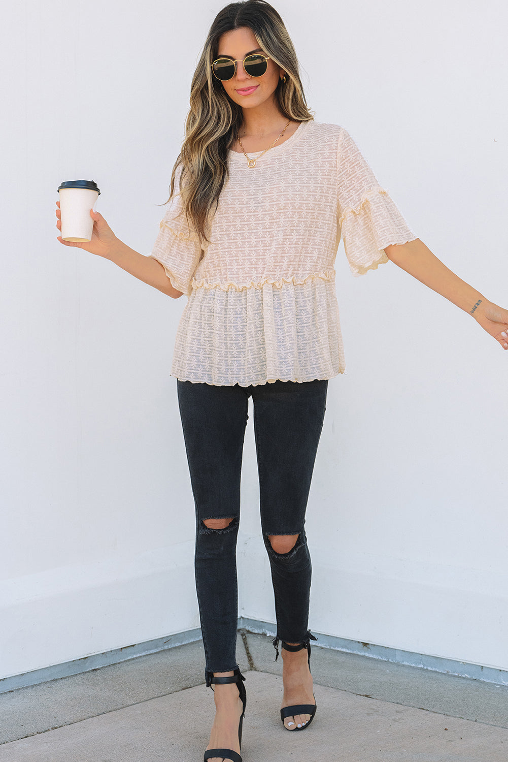 Beige Textured Short Sleeve Blouse