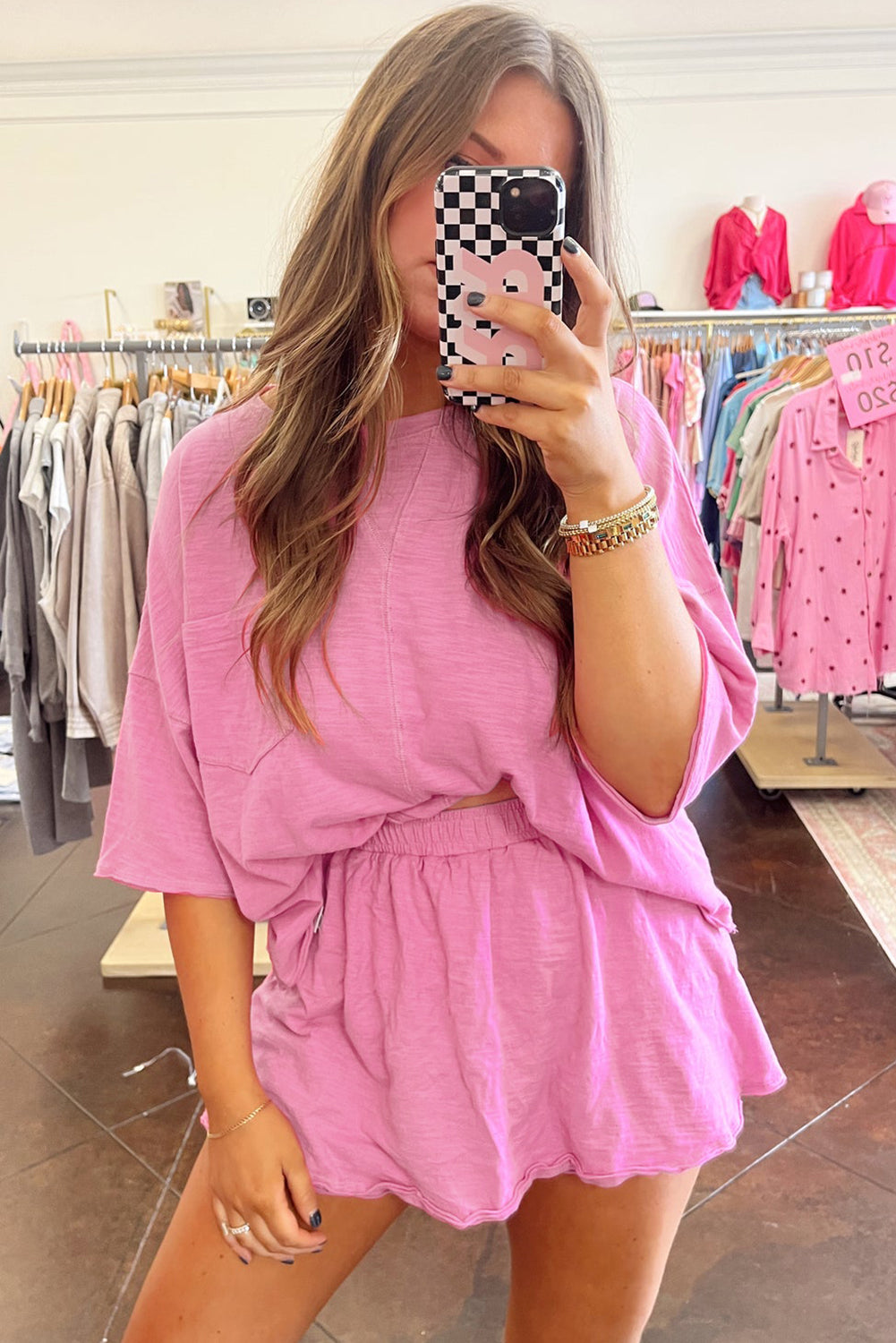 Sachet Pink Loose Fit Half Sleeve Shirt and Skirt Set