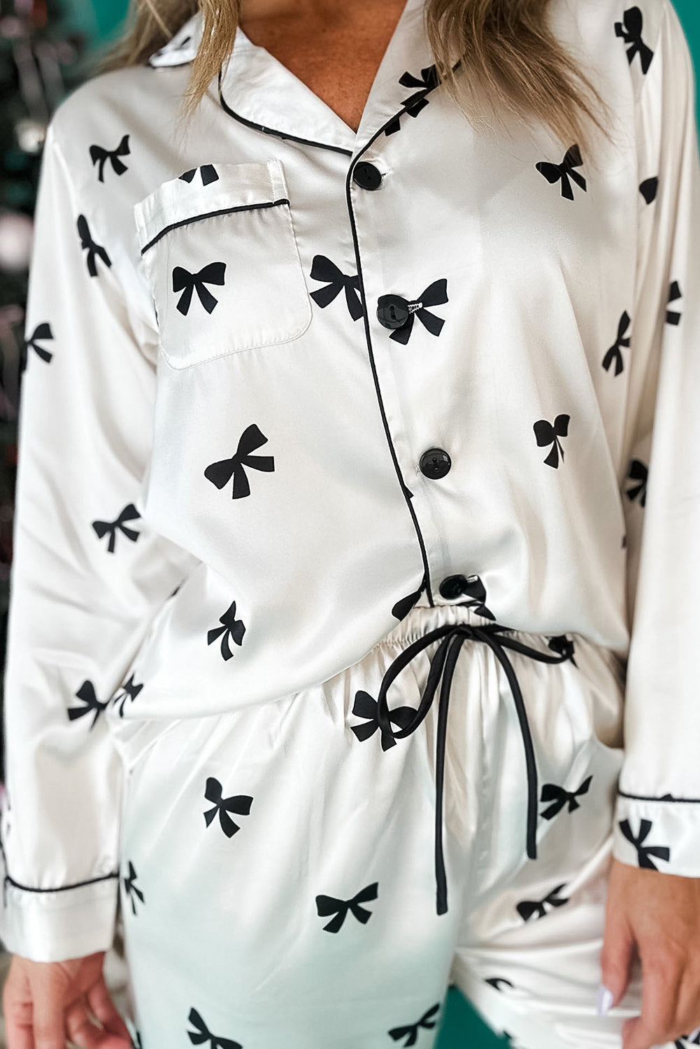 White Bows Print Pajama Set