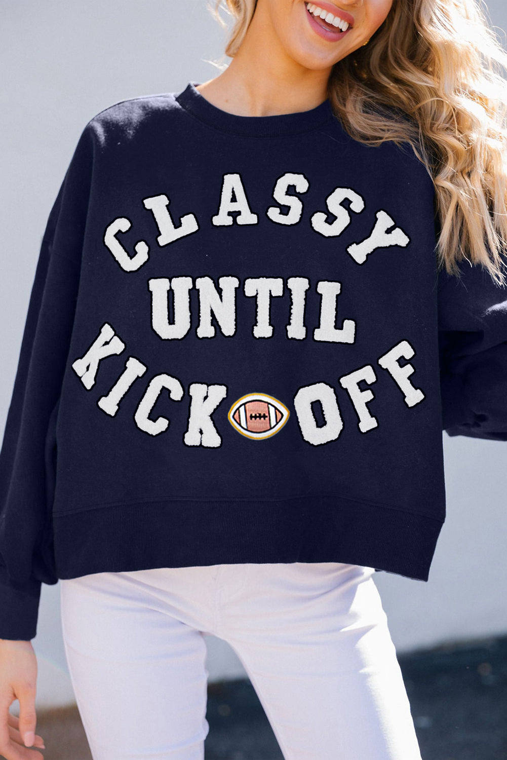 Navy Blue ‘CLASSY UNTIL KICKOFF’ Patched Sweatshirt