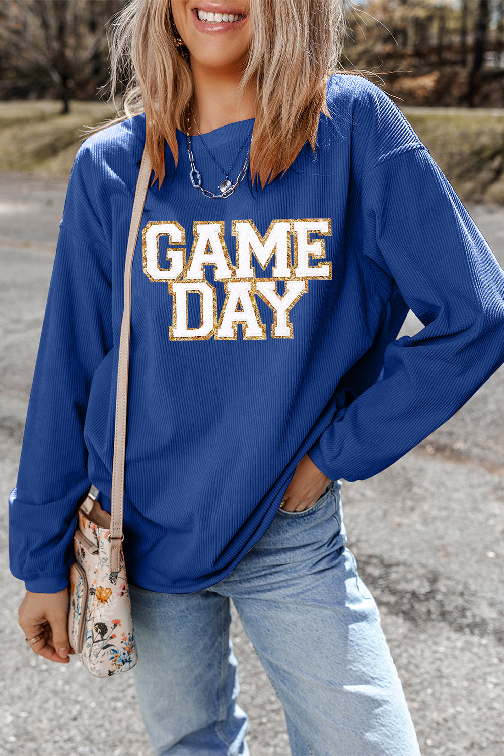 Dark Blue ‘GAME DAY’ Glitter Detail Ribbed Sweatshirt