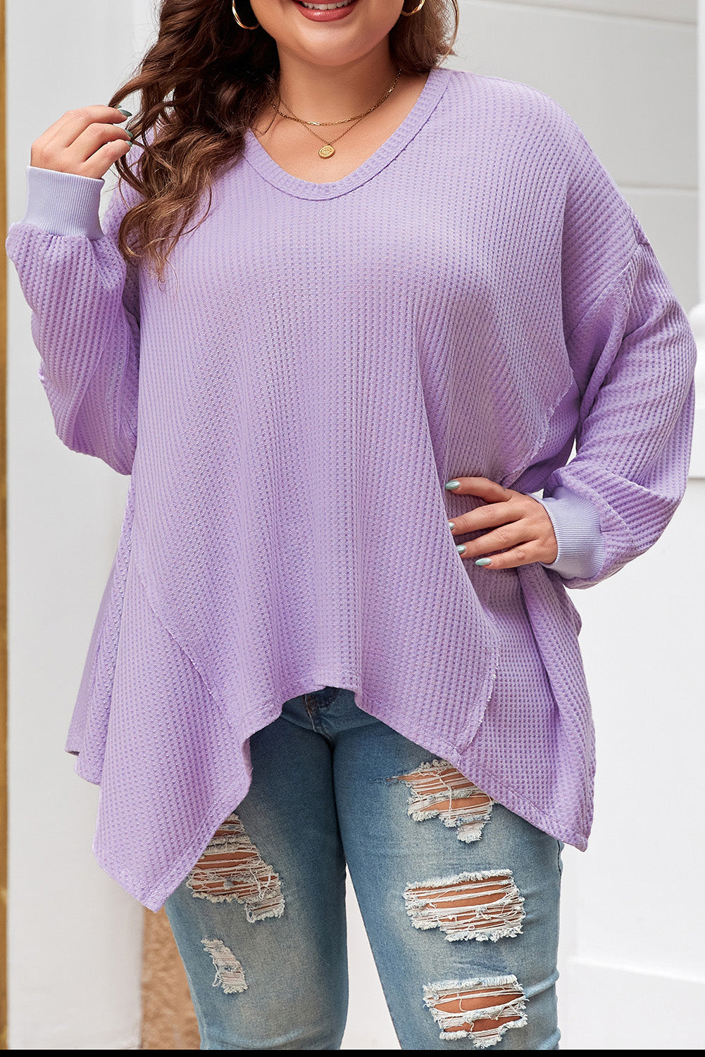 Orchid Plus Size Waffle Knit Exposed Seam Flowy Top
