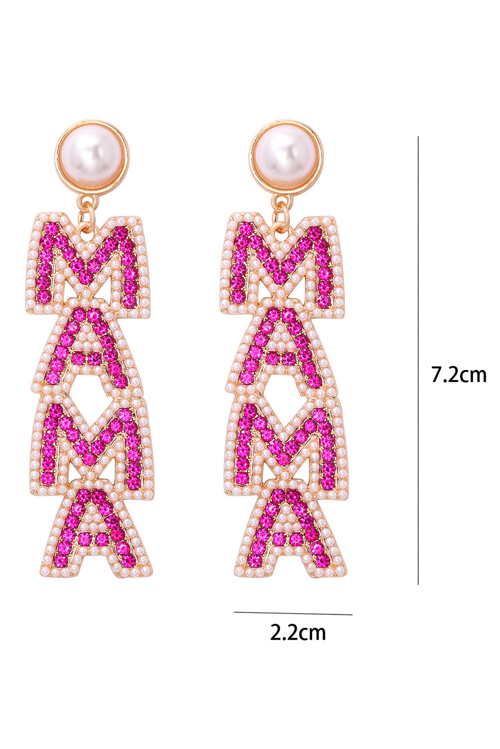 Pink MAMA Rhinestone Pearl Dangle Stud Earrings