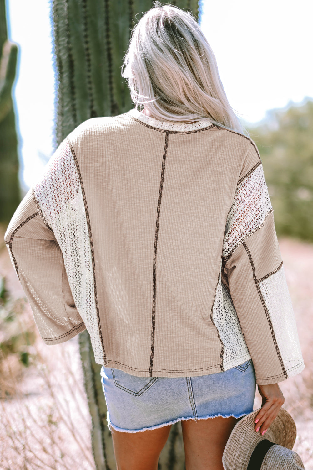 Parchment Crochet Exposed Seam Long Sleeve Top