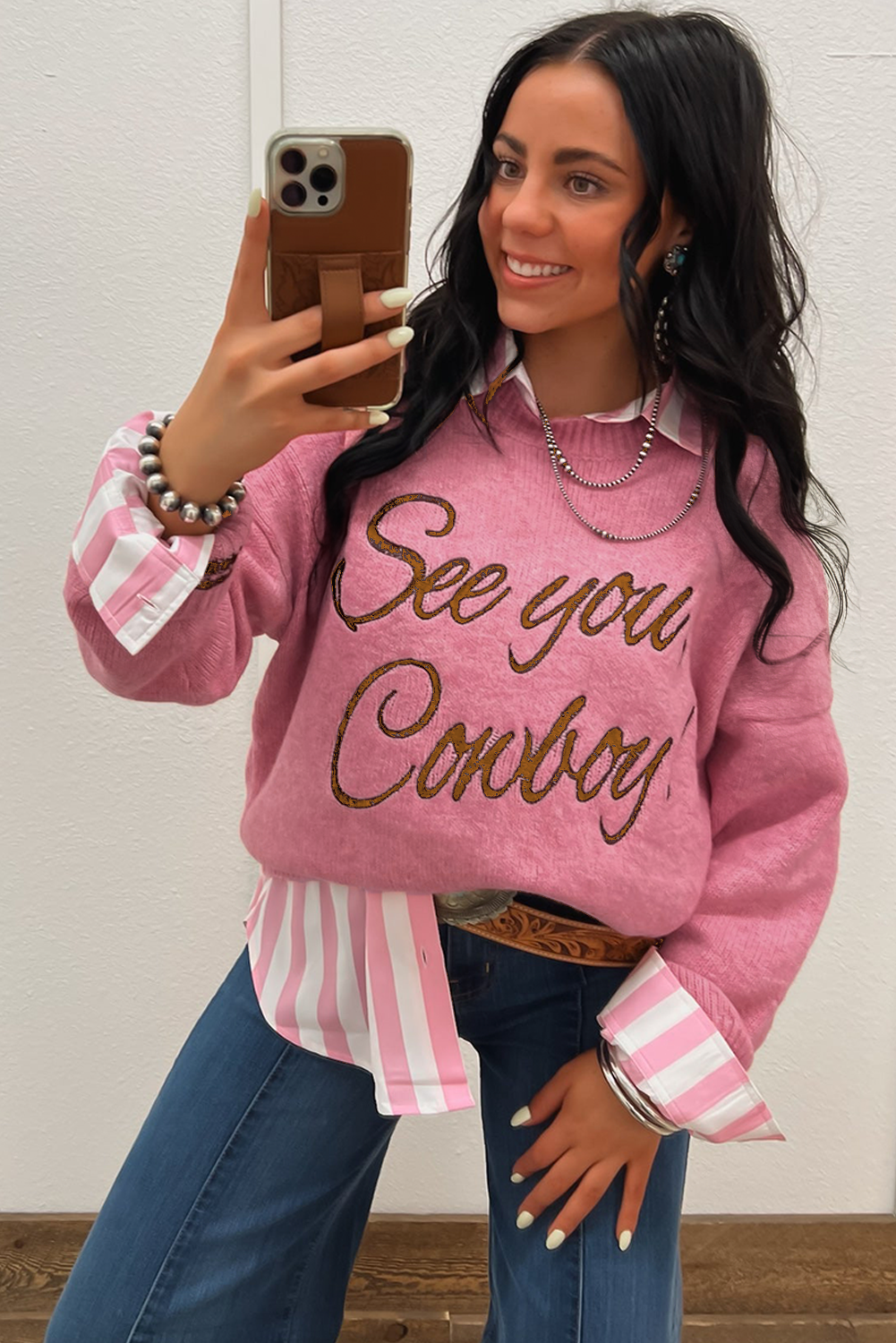 Pink ‘See You Cowboy’ Embroidered Western Graphic Sweater