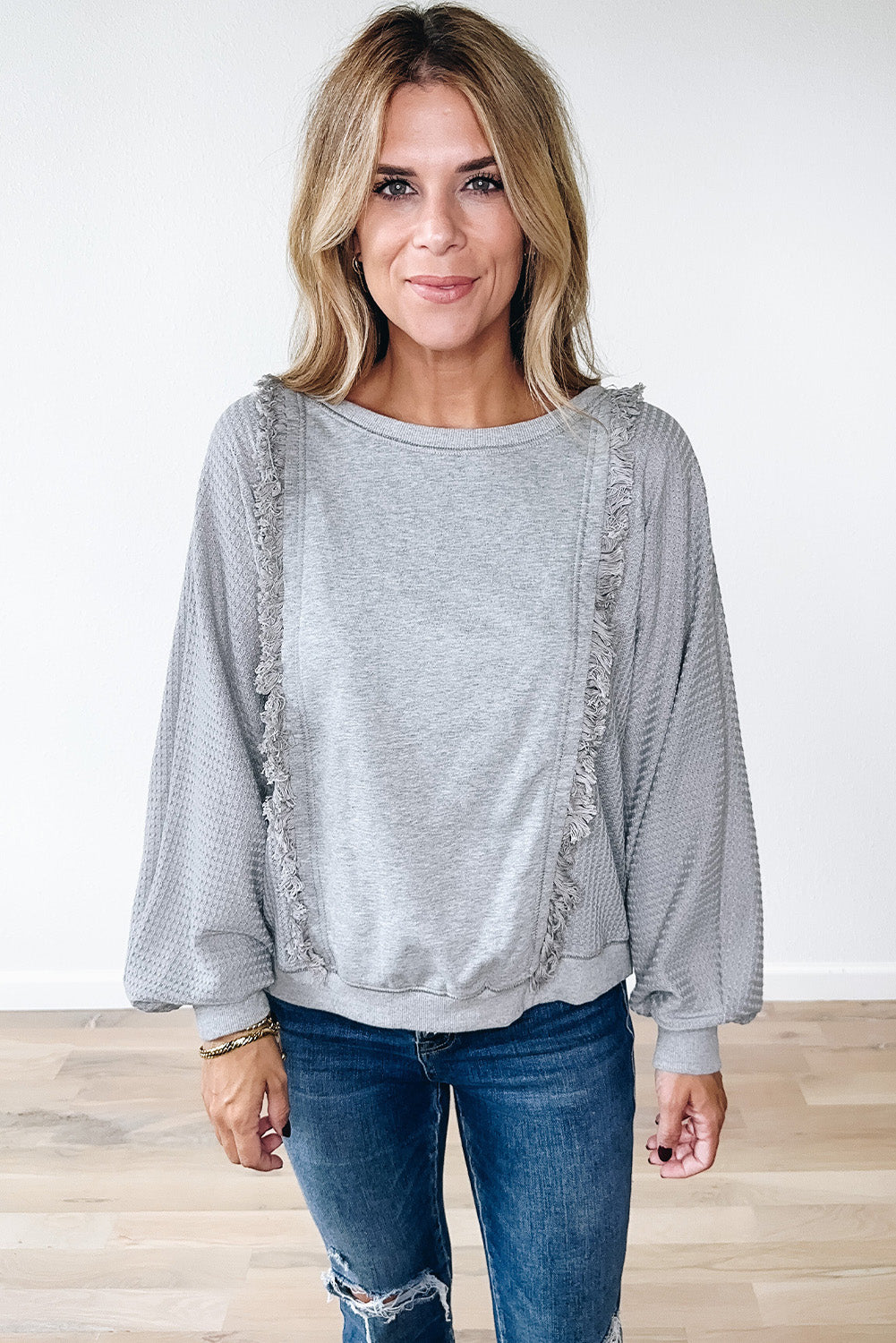 Light Grey Waffle Long Sleeve Raw Hem Top