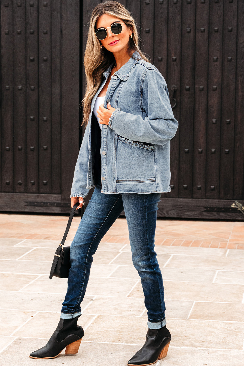 Light Wash Scallop Trim Button Up Denim Jacket