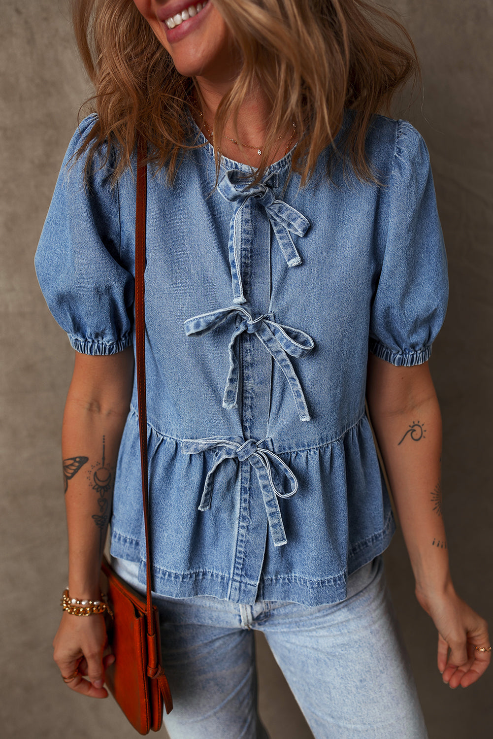 Denim Blue Tied Front Bubble Sleeve Shirt
