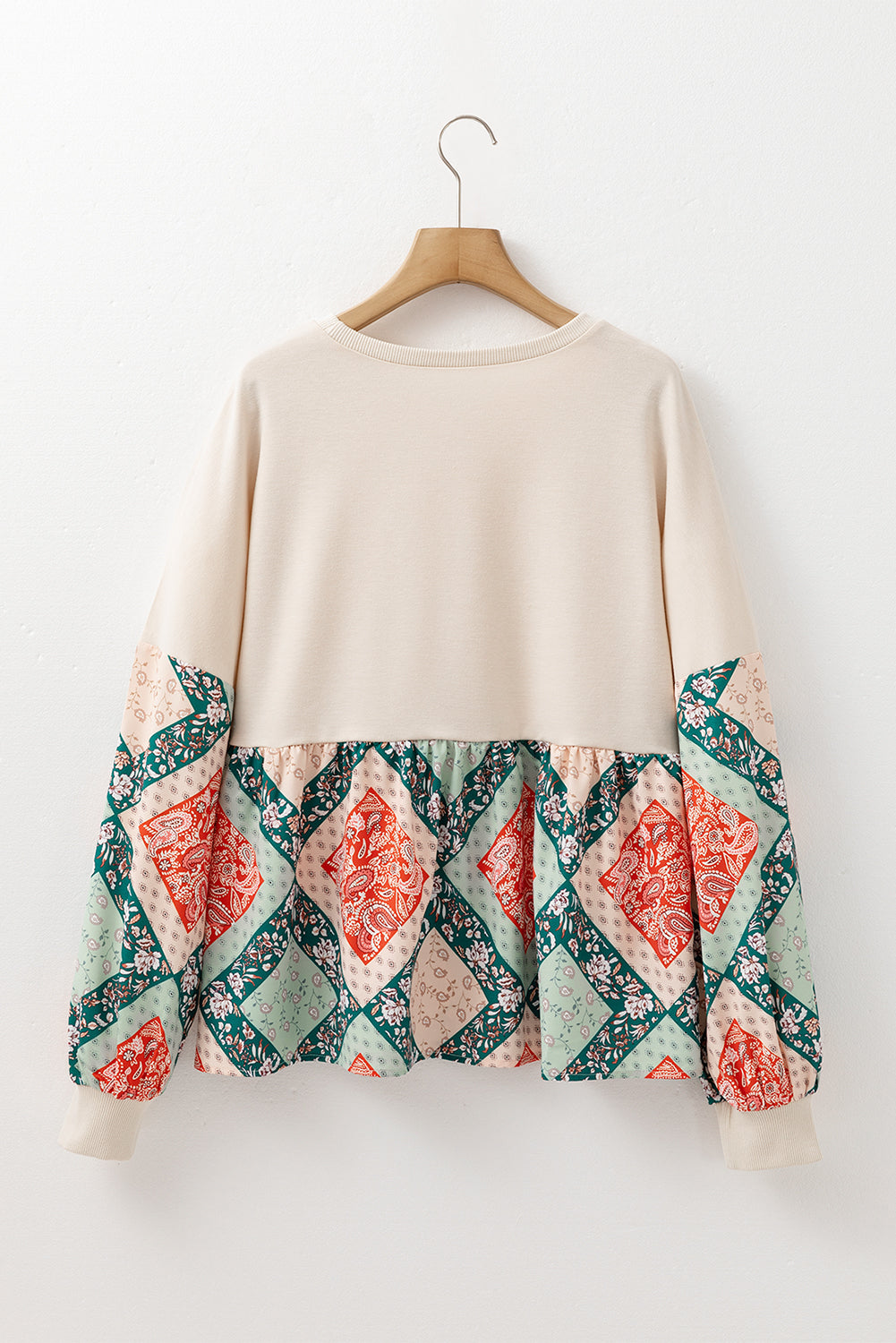 Paisley Print Geometric Patchwork Long Sleeve Top