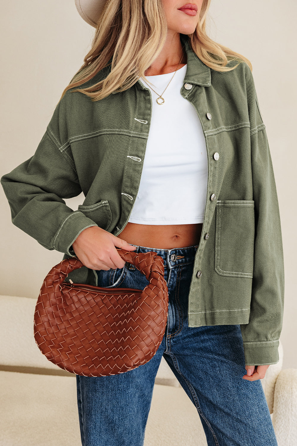 Faded Green Patched Boyfriend Denim Jacket