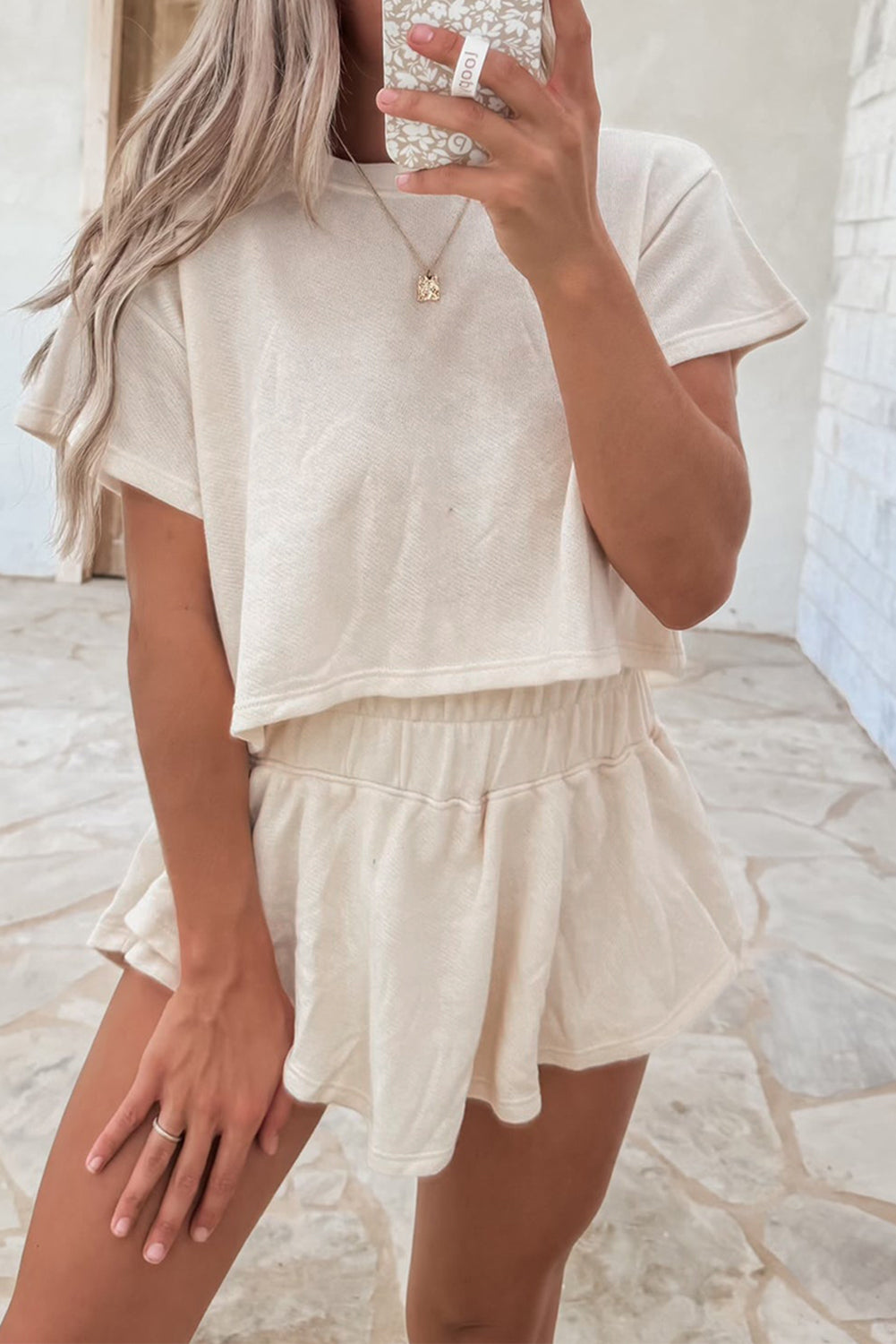 Beige Cropped Tee and Ruffle Skort Set
