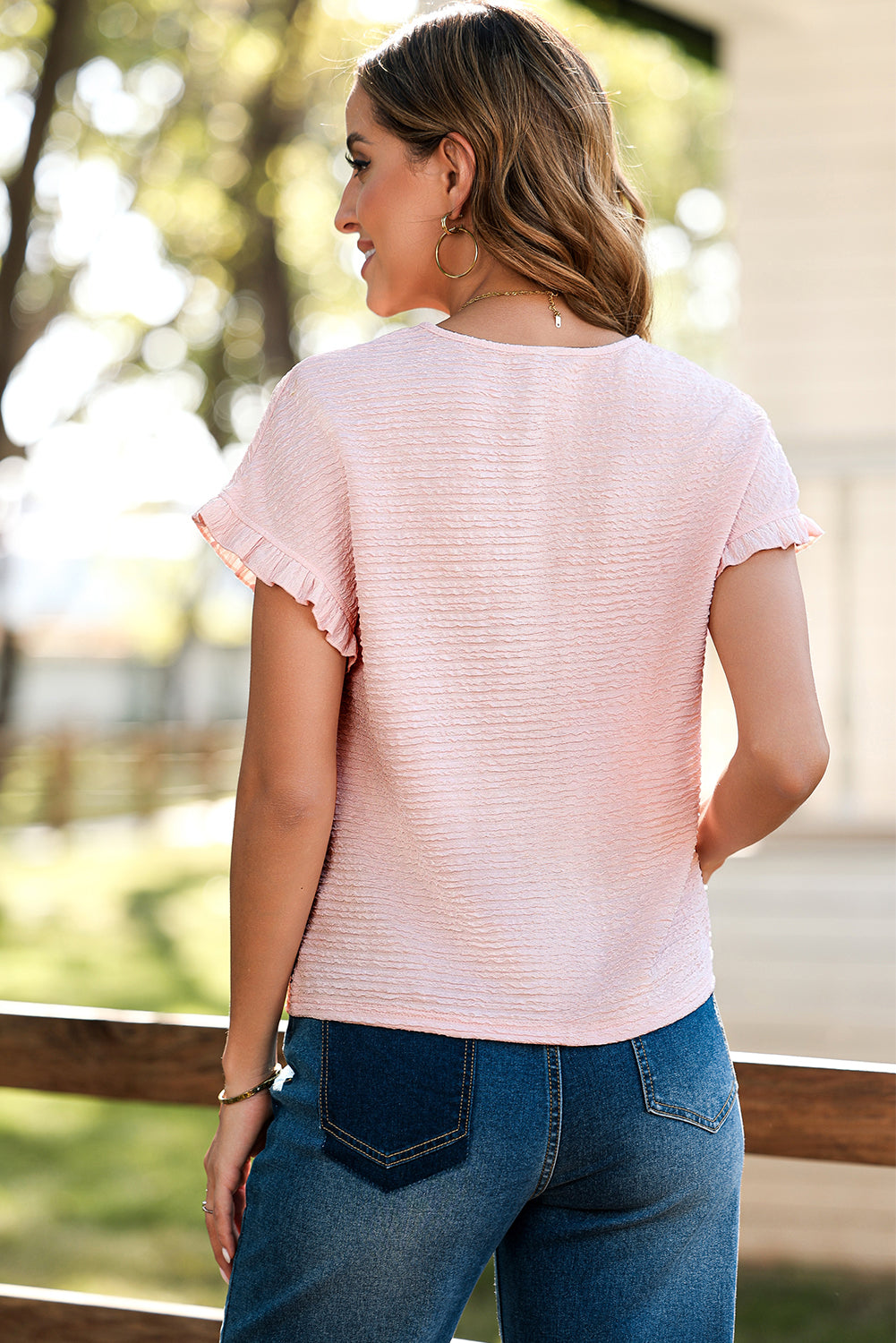 Light Pink Solid Ruffled Short Sleeve Blouse