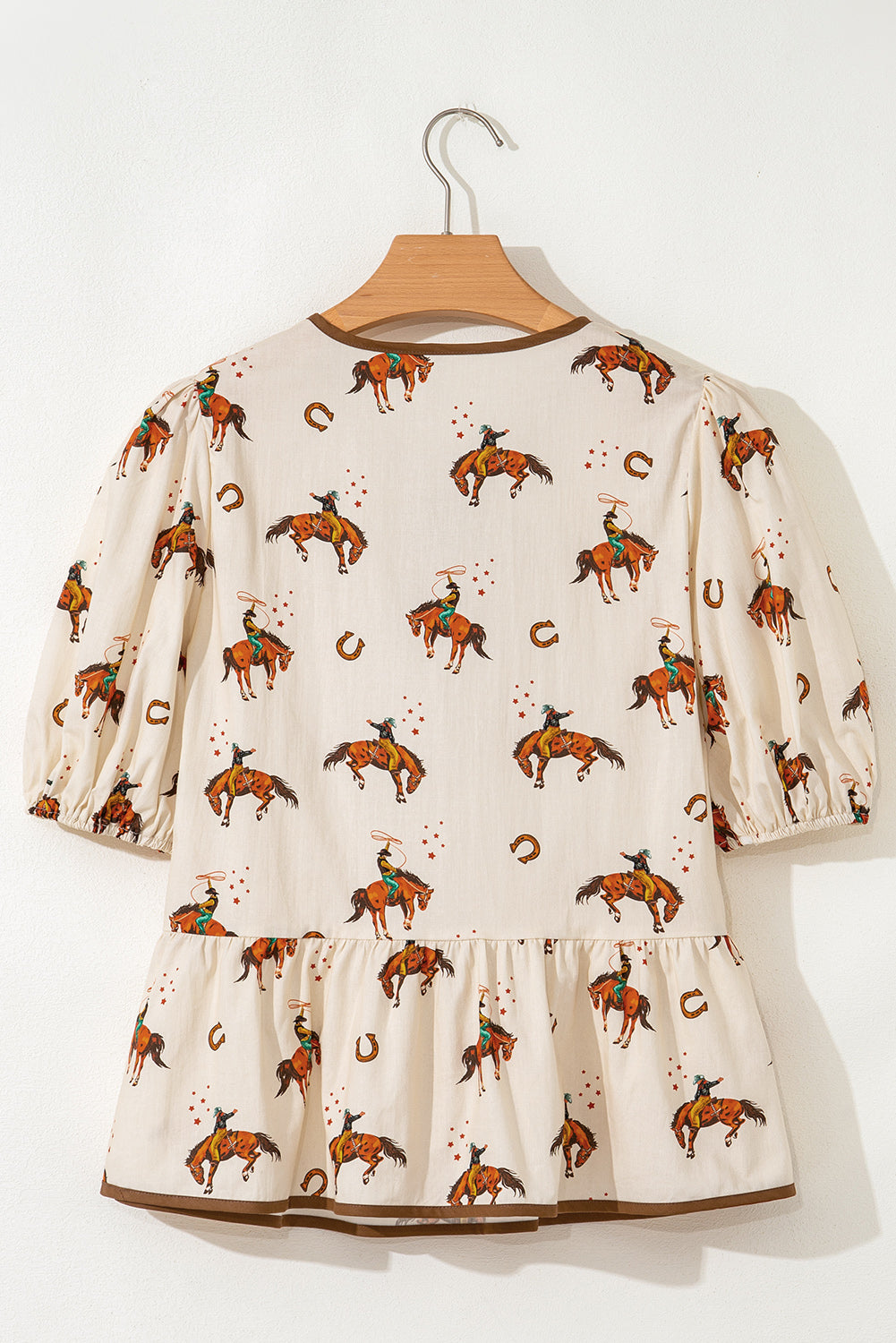 Cowboy Print Puff Sleeve Bowknot Blouse
