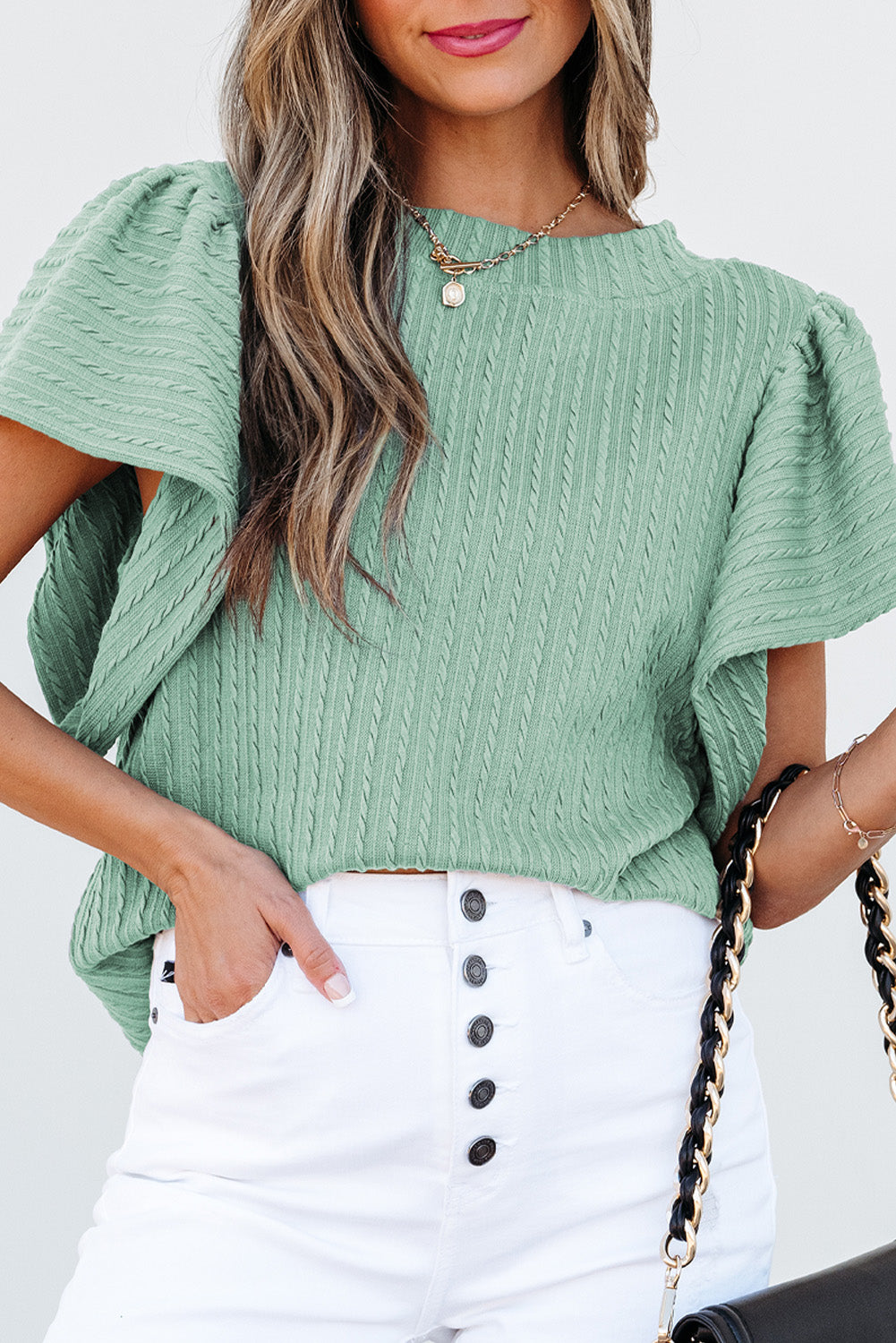 Jade Textured Flutter Sleeve Top