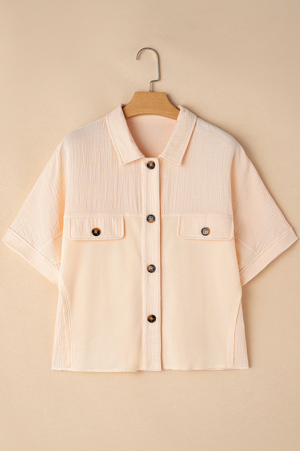 Beige Button Down Waffle Sleeve Shirt