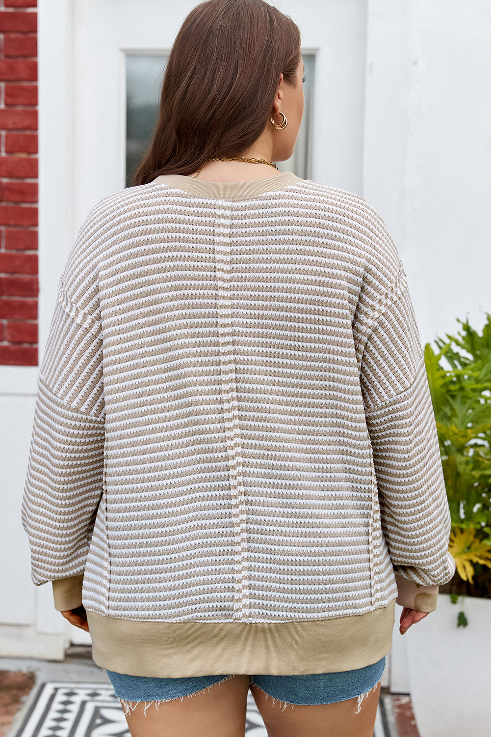 Brown Stripe Plus Size Ribbed Long Sleeve Top